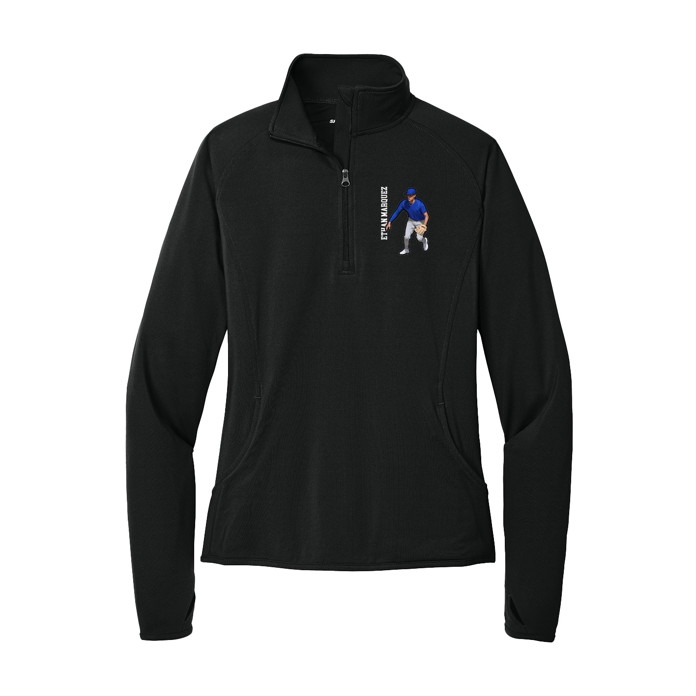 Women's Q-Zip Pullover — Name Vertical in Black