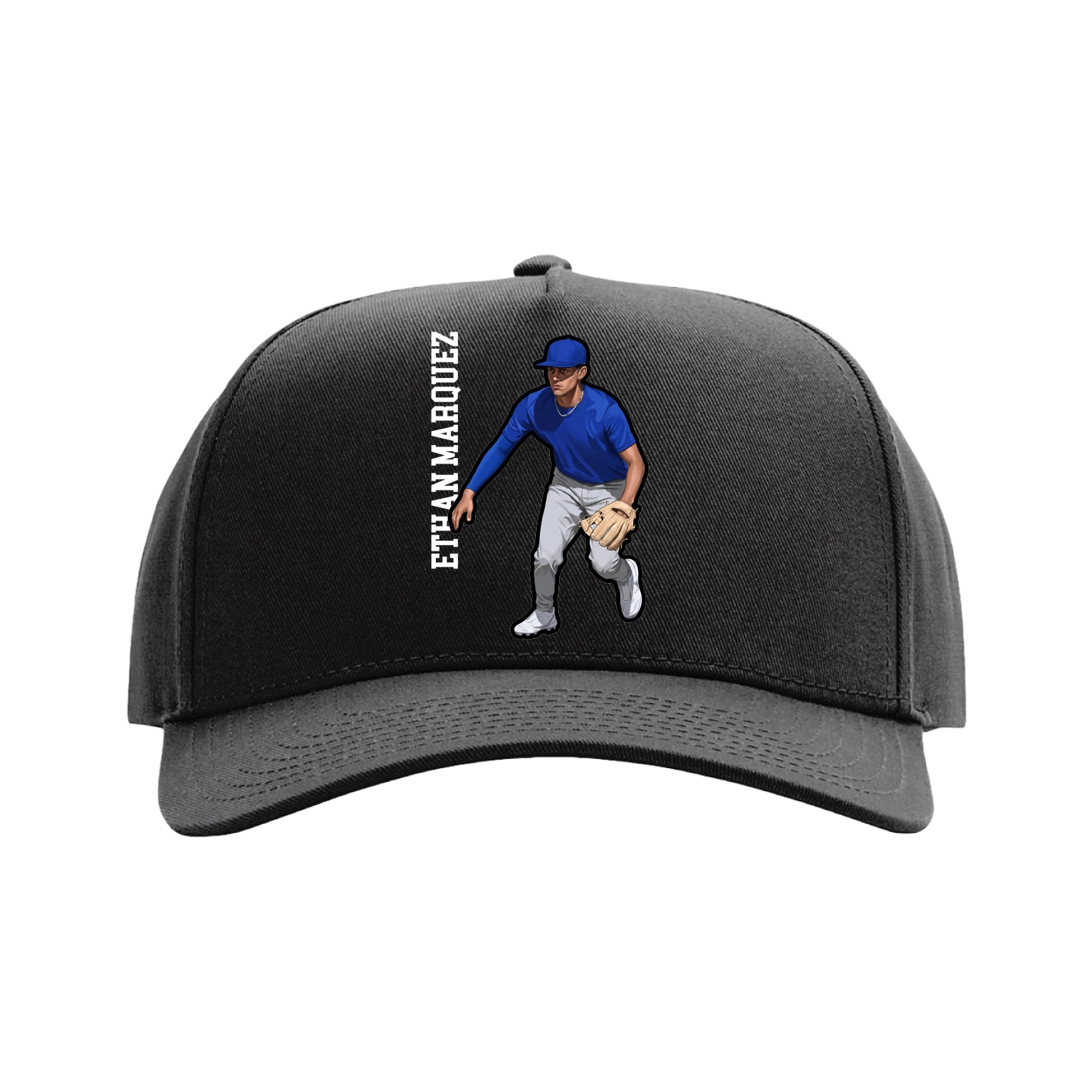 Full Fabric Five-Panel Champ Cap — Name Vertical in Black
