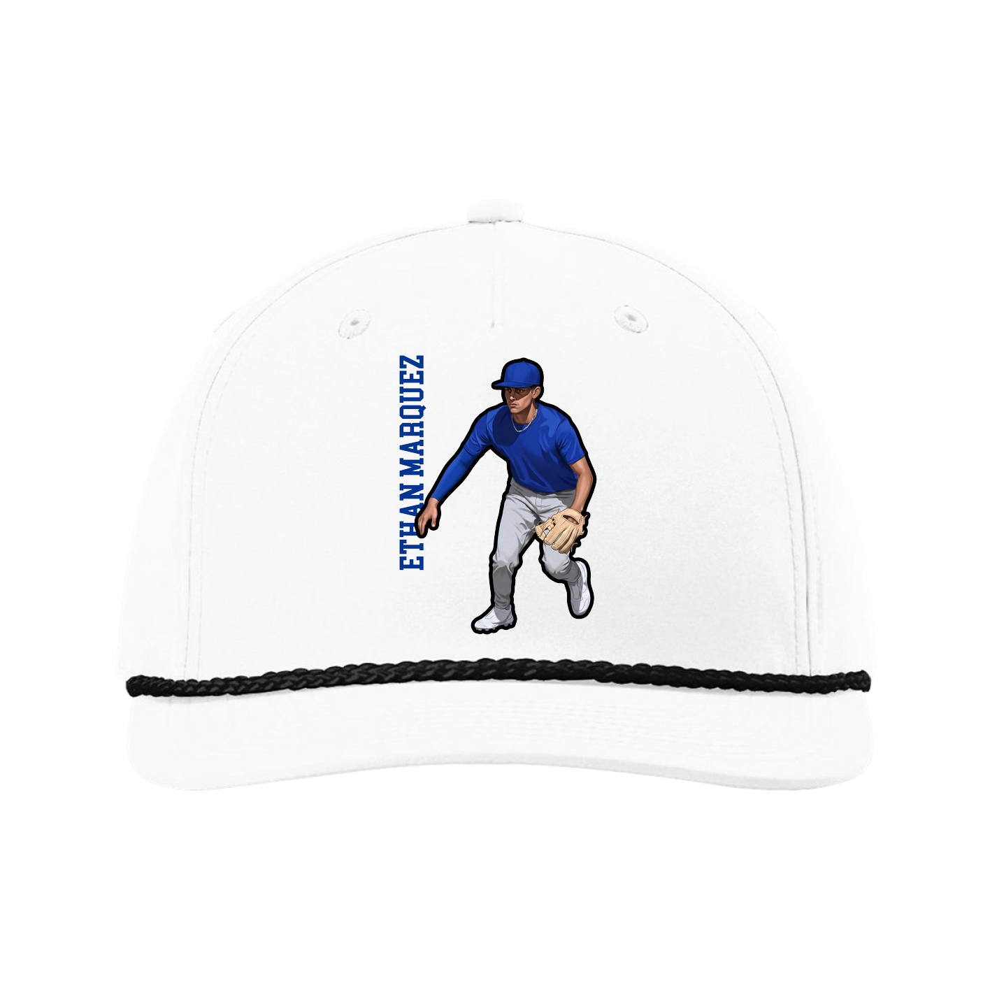Five-Panel Classic Rope Cap — Name Vertical in White