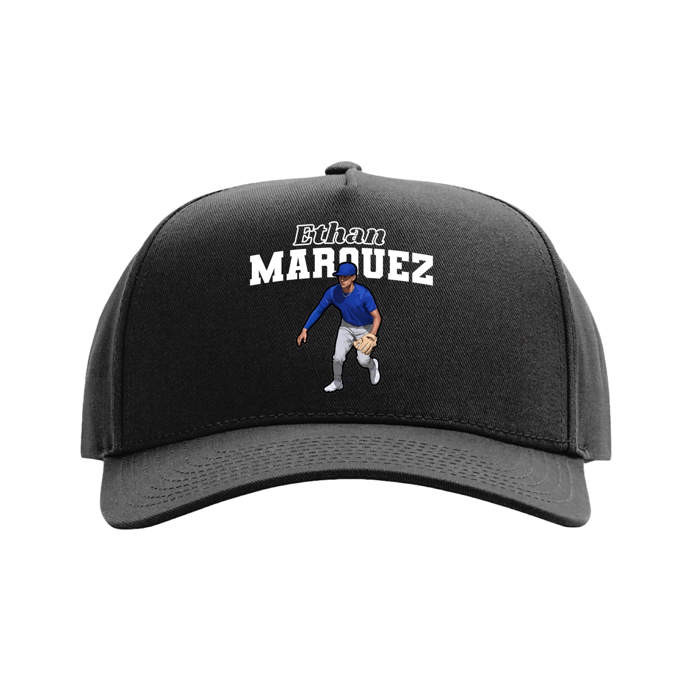 Full Fabric Five-Panel Champ Cap — Name Arch in Black