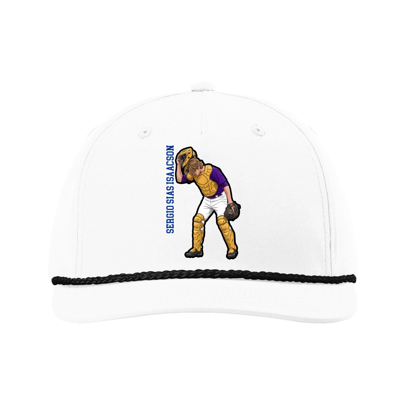 Five-Panel Classic Rope Cap — Name Vertical in White