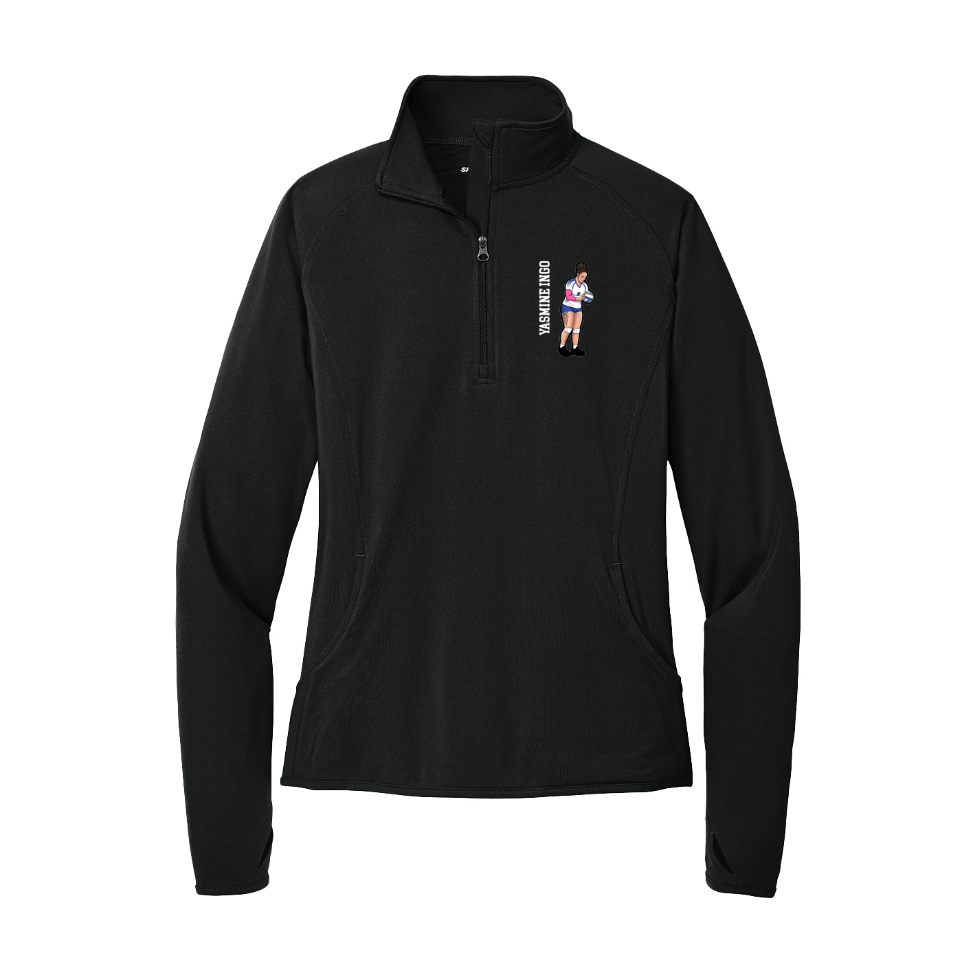 Women's Q-Zip Pullover — Name Vertical in Black