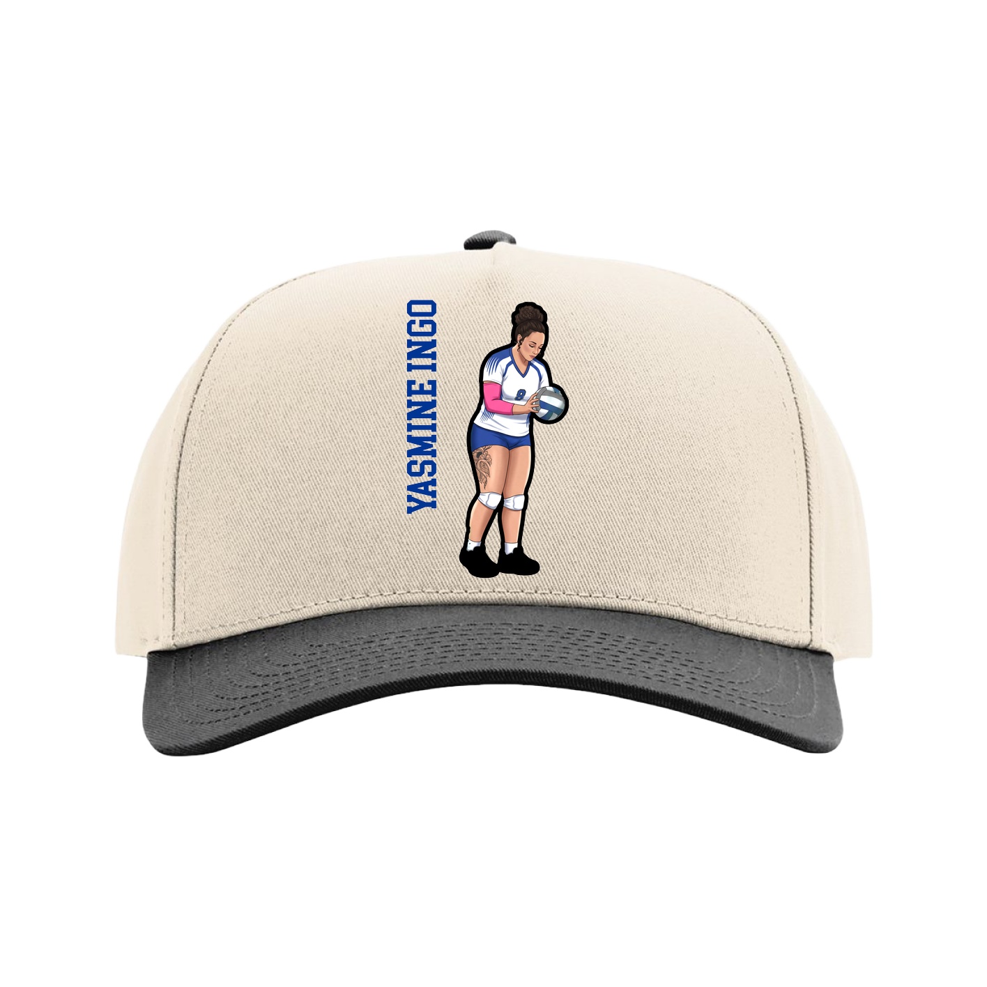 Full Fabric Five-Panel Champ Cap — Name Vertical in Cream/Black