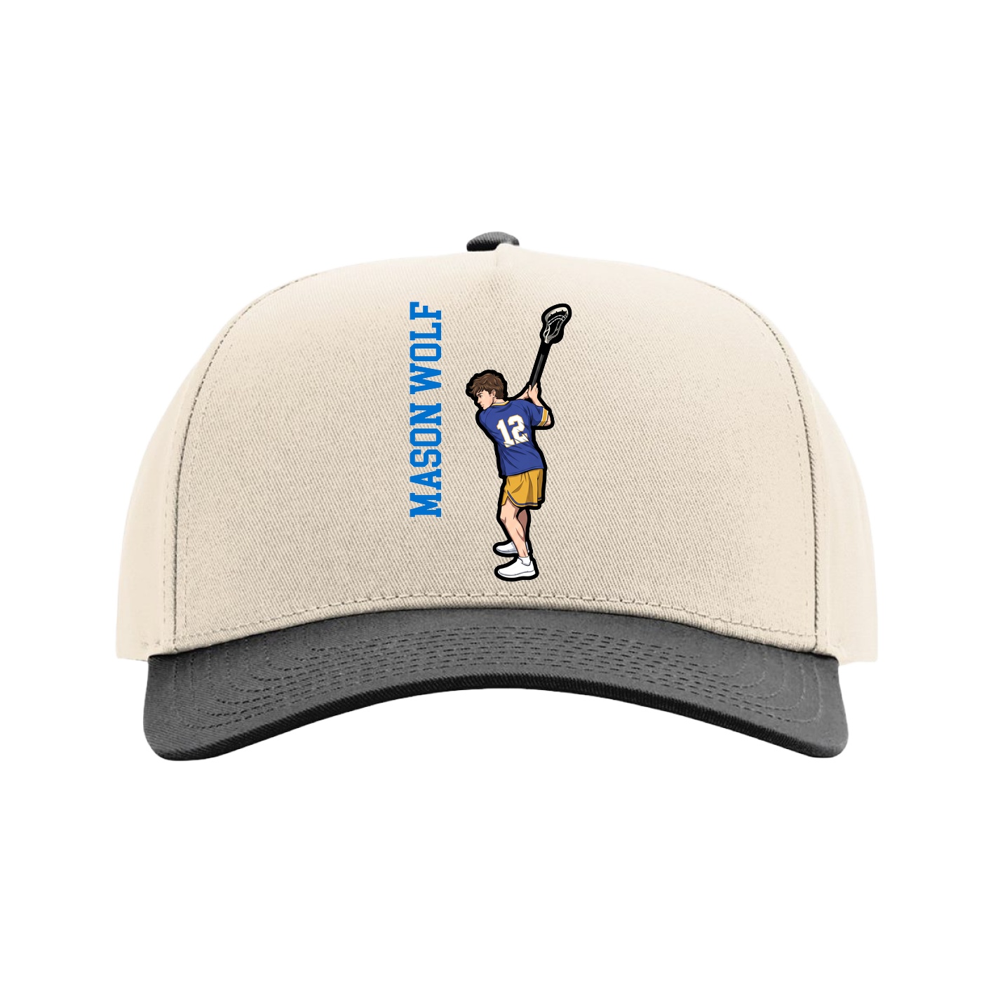 Full Fabric Five-Panel Champ Cap — Name Vertical in Cream/Black