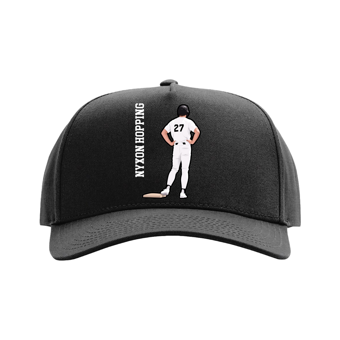 Full Fabric Five-Panel Champ Cap — Name Vertical in Black