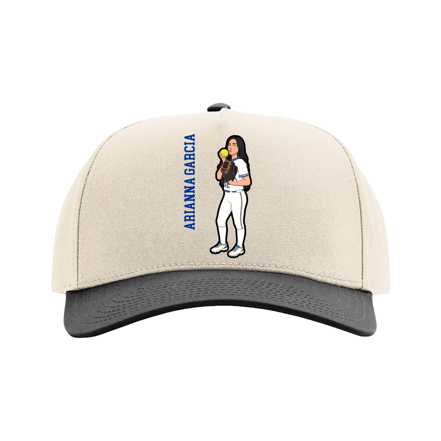 Full Fabric Five-Panel Champ Cap — Name Vertical in Cream/Black