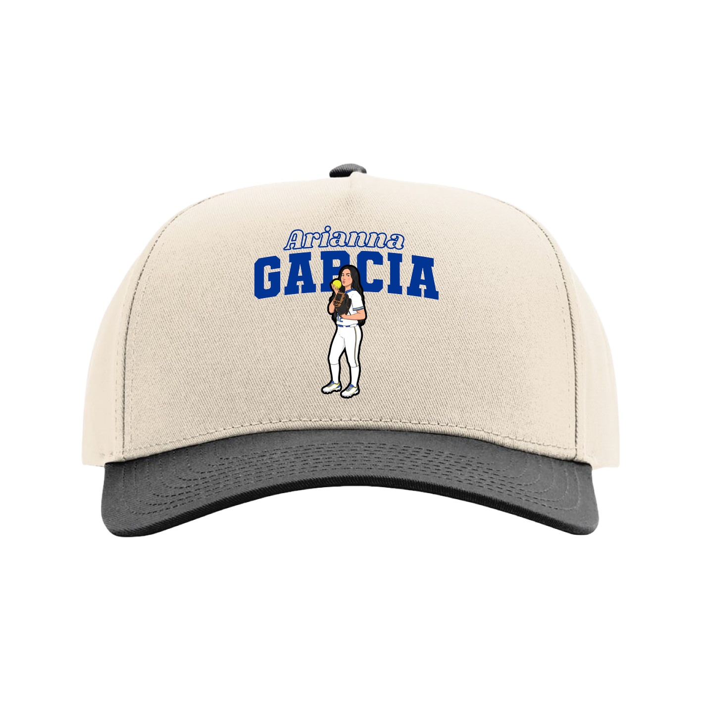 Full Fabric Five-Panel Champ Cap — Name Arch in Cream/Black