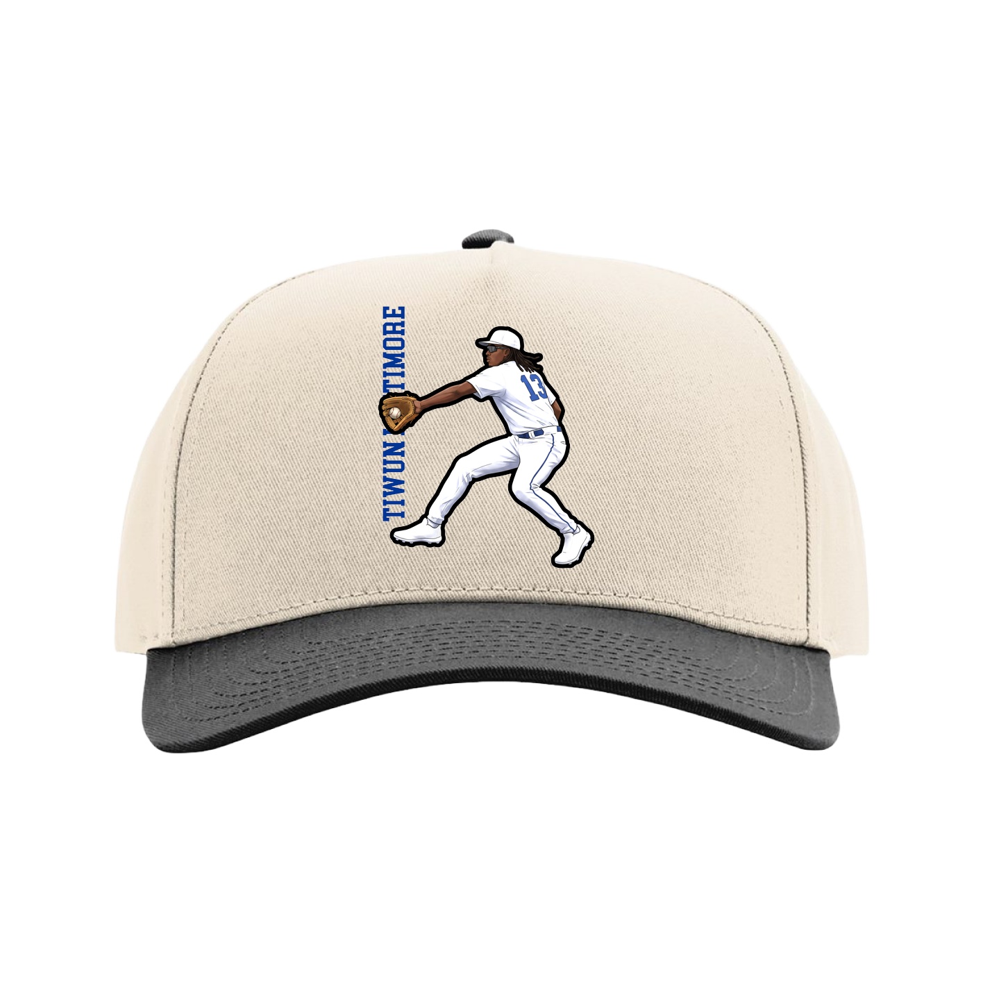 Full Fabric Five-Panel Champ Cap — Name Vertical in Cream/Black