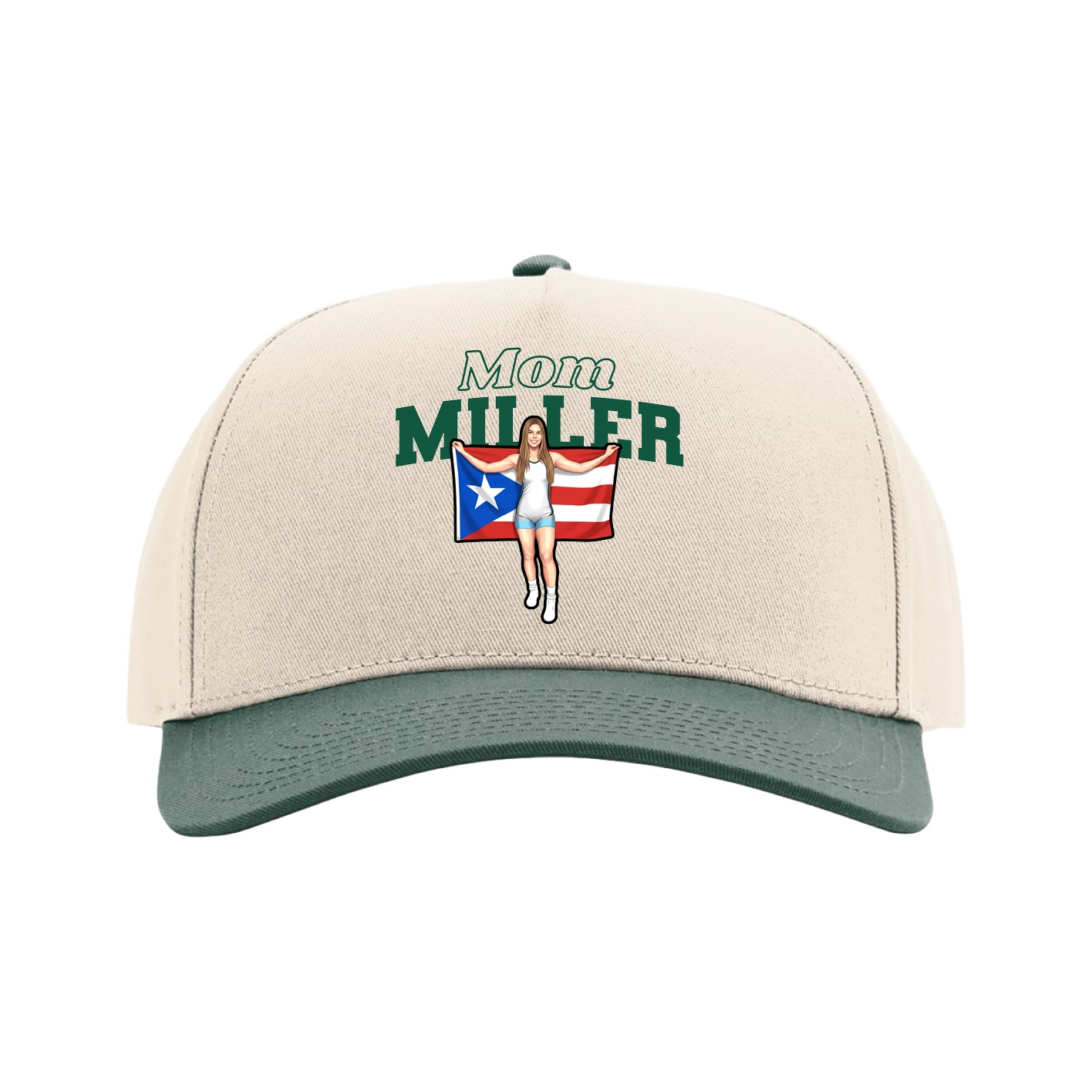 Full Fabric Five-Panel Champ Cap — Mothers Day Block in Cream/Green