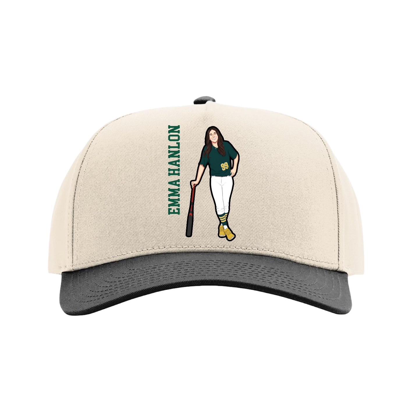 Full Fabric Five-Panel Champ Cap — Name Vertical in Cream/Black