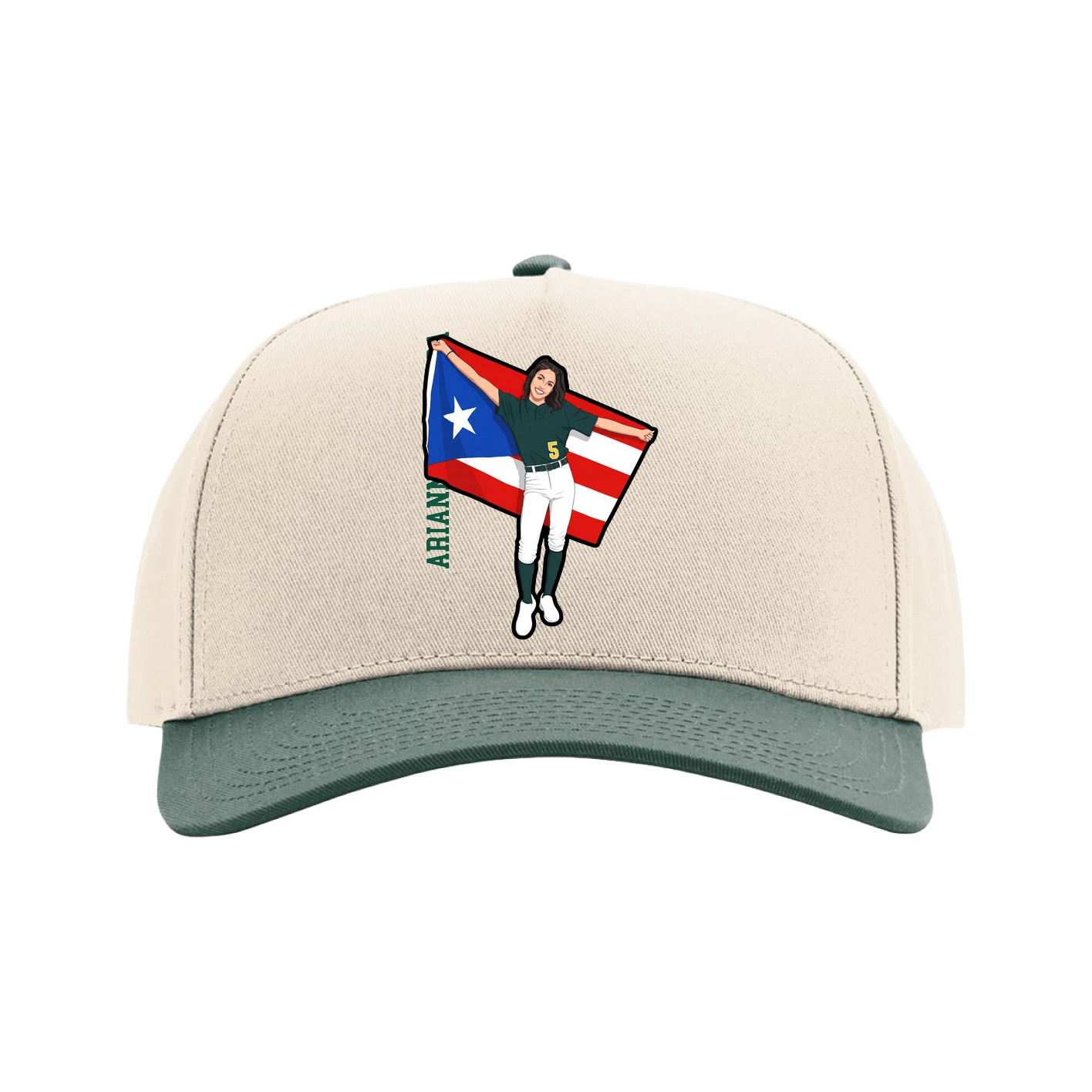 Full Fabric Five-Panel Champ Cap — Name Vertical in Cream/Green