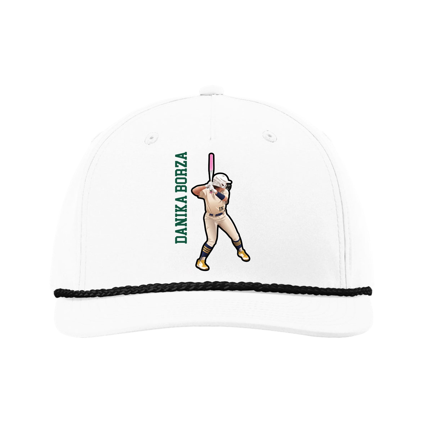 Five-Panel Classic Rope Cap — Name Vertical in White