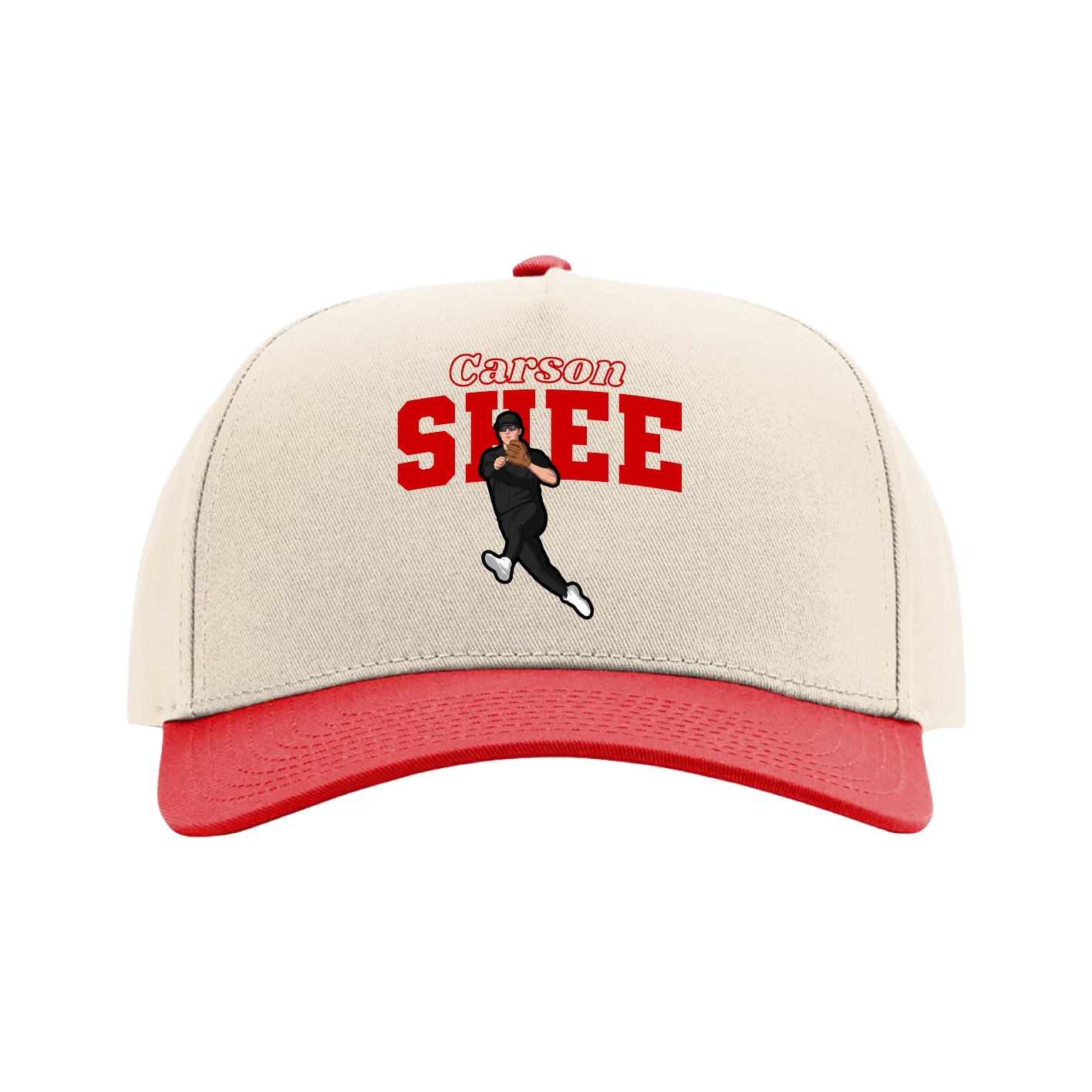 Full Fabric Five-Panel Champ Cap — Name Arch in Cream/Red