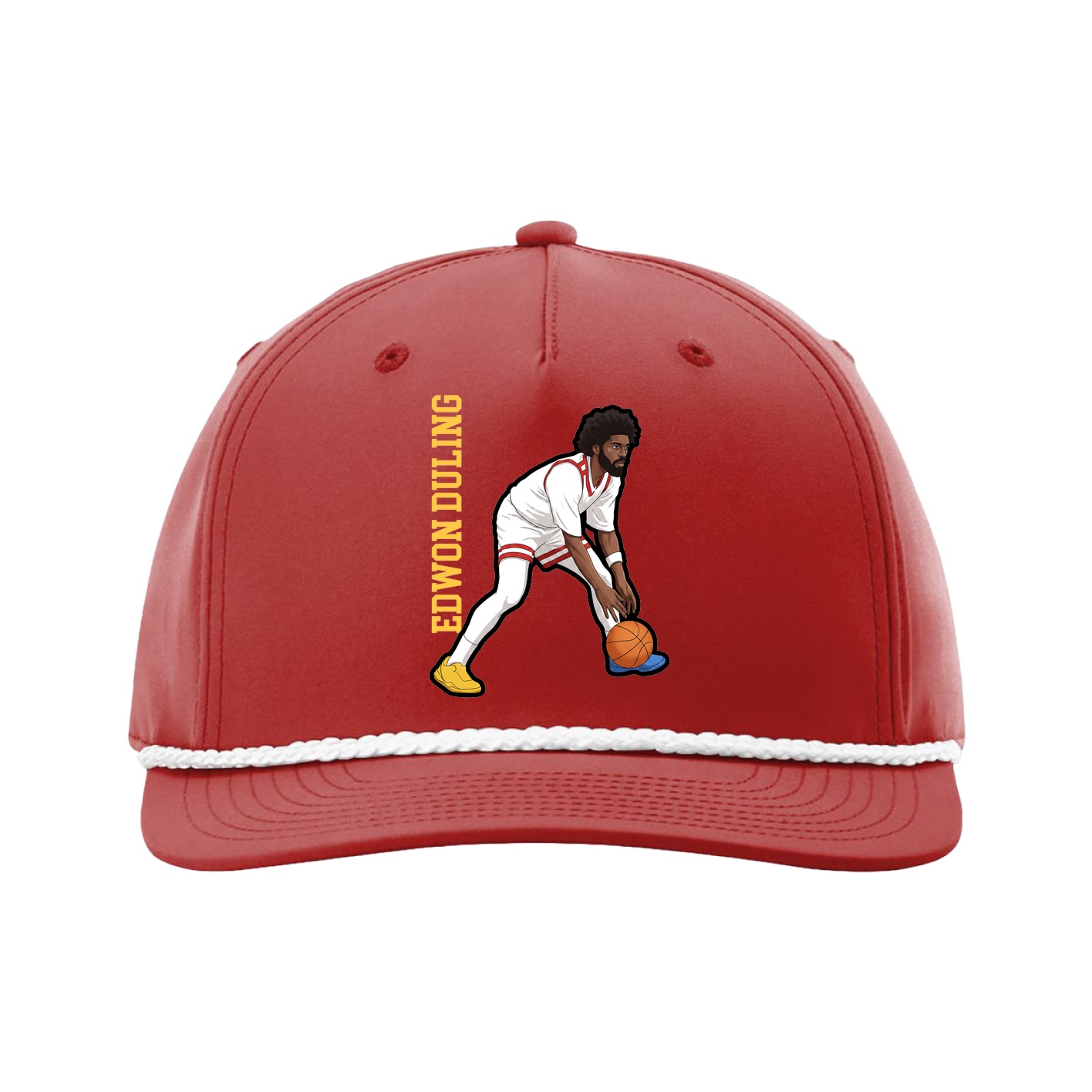 Five-Panel Classic Rope Cap — Name Vertical in Red