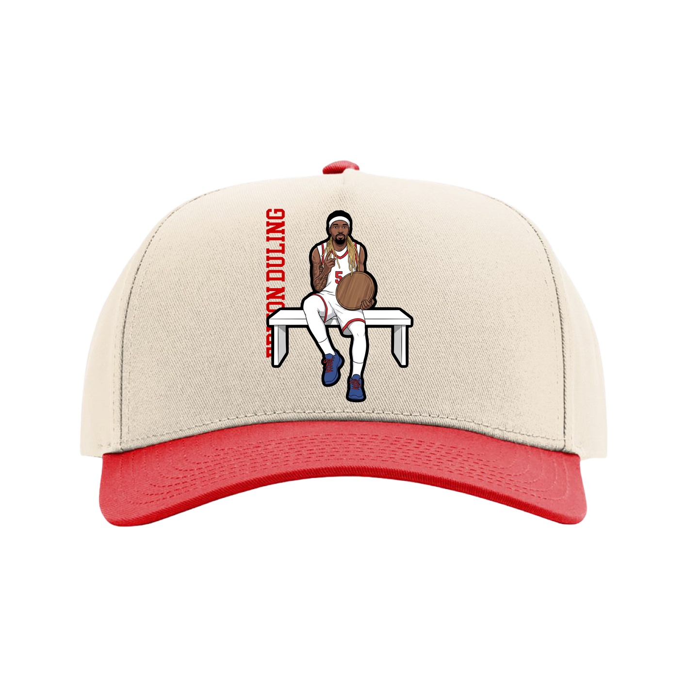 Full Fabric Five-Panel Champ Cap — Name Vertical in Cream/Red