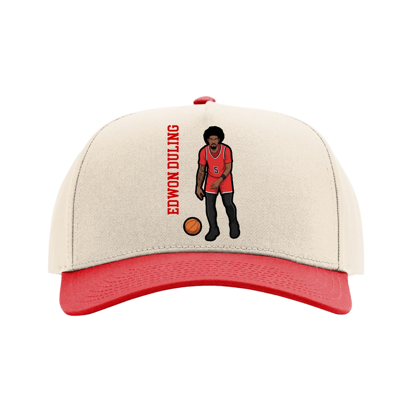 Full Fabric Five-Panel Champ Cap — Name Vertical in Cream/Red