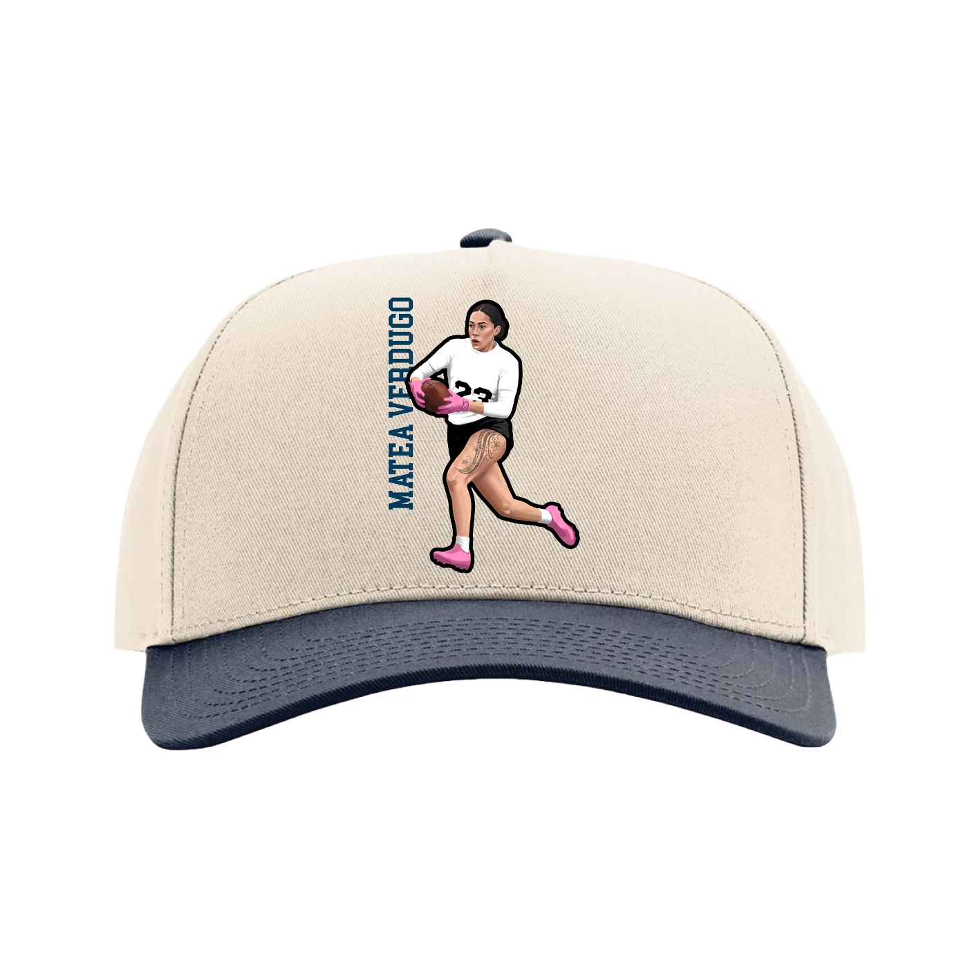 Full Fabric Five-Panel Champ Cap — Name Vertical in Cream/Navy