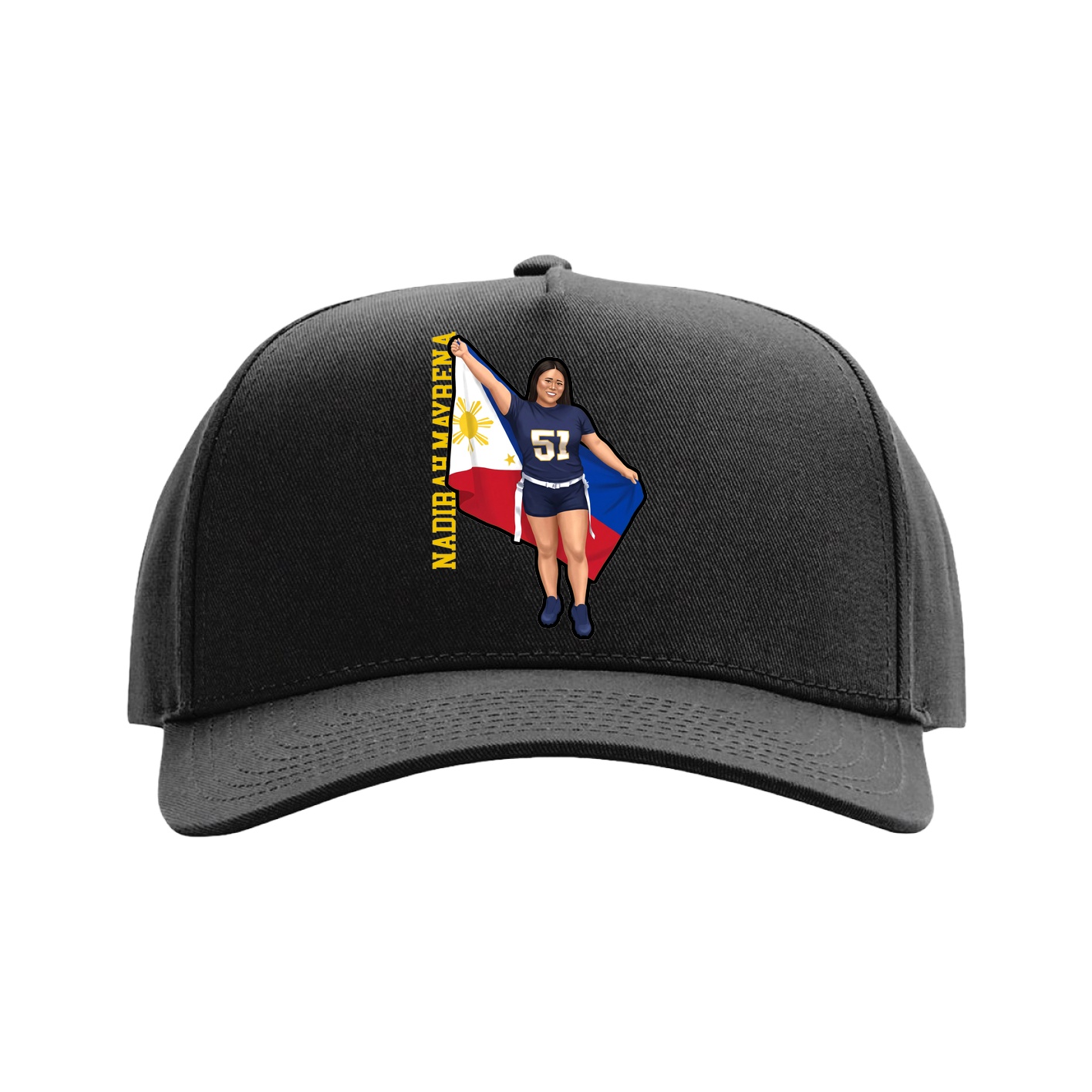 Full Fabric Five-Panel Champ Cap — Name Vertical in Black