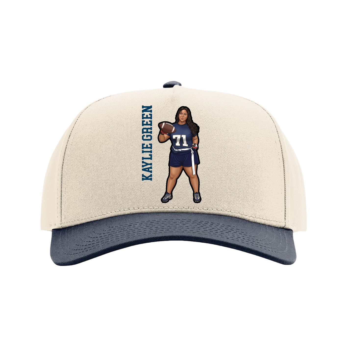 Full Fabric Five-Panel Champ Cap — Name Vertical in Cream/Navy