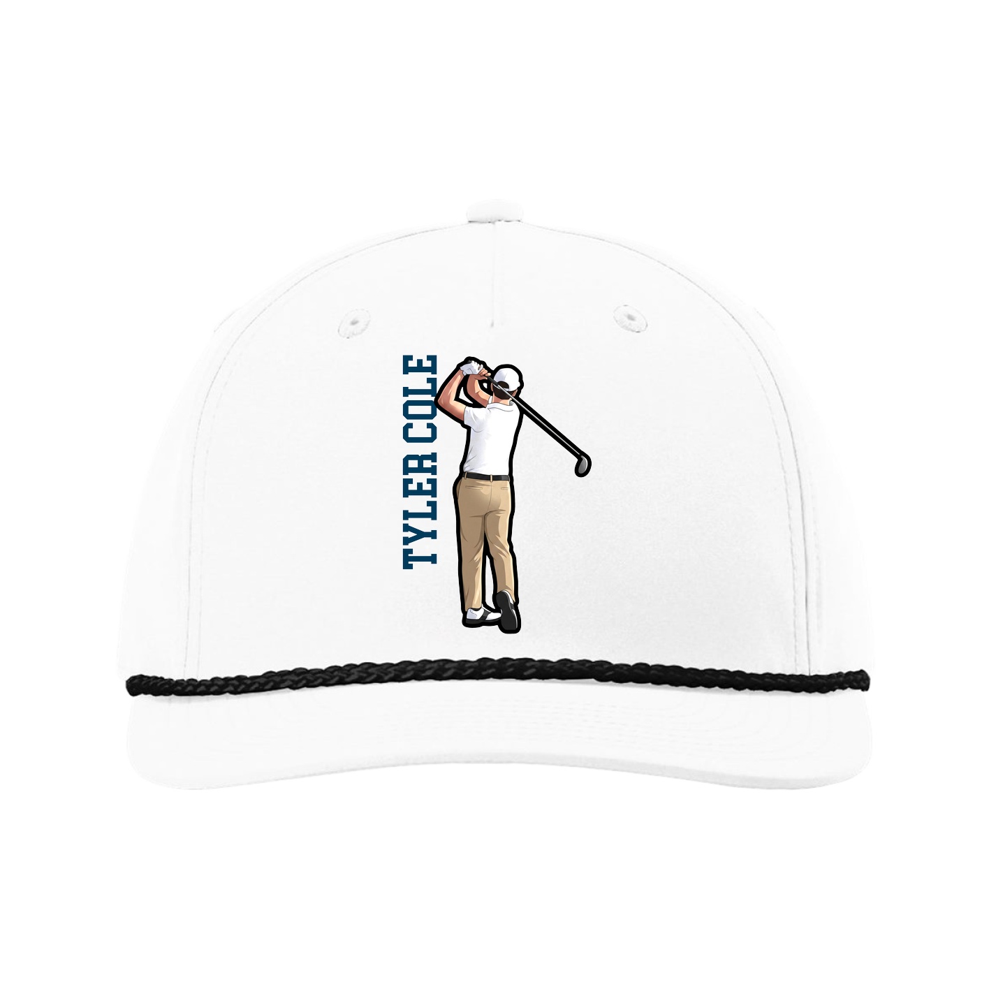 Five-Panel Classic Rope Cap — Name Vertical in White