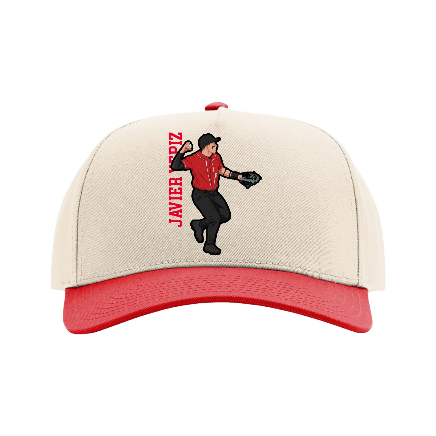 Full Fabric Five-Panel Champ Cap — Name Vertical in Cream/Red