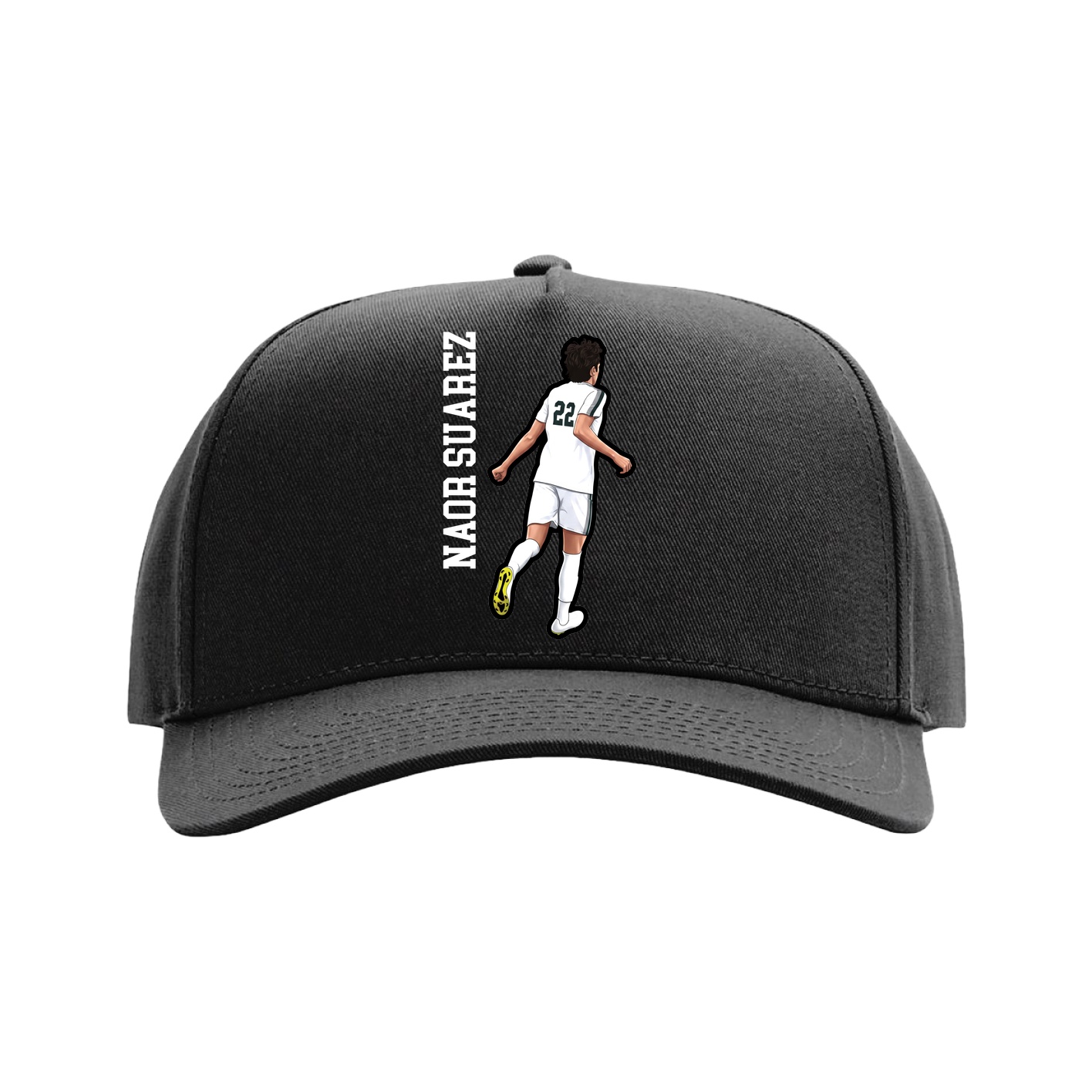 Full Fabric Five-Panel Champ Cap — Name Vertical in Black