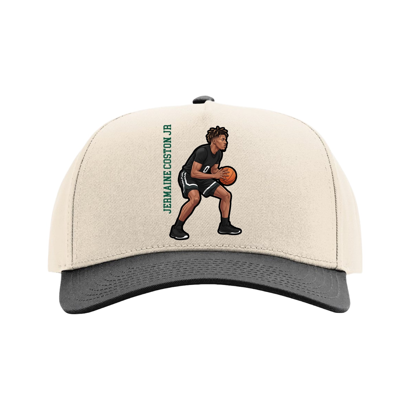 Full Fabric Five-Panel Champ Cap — Name Vertical in Cream/Black