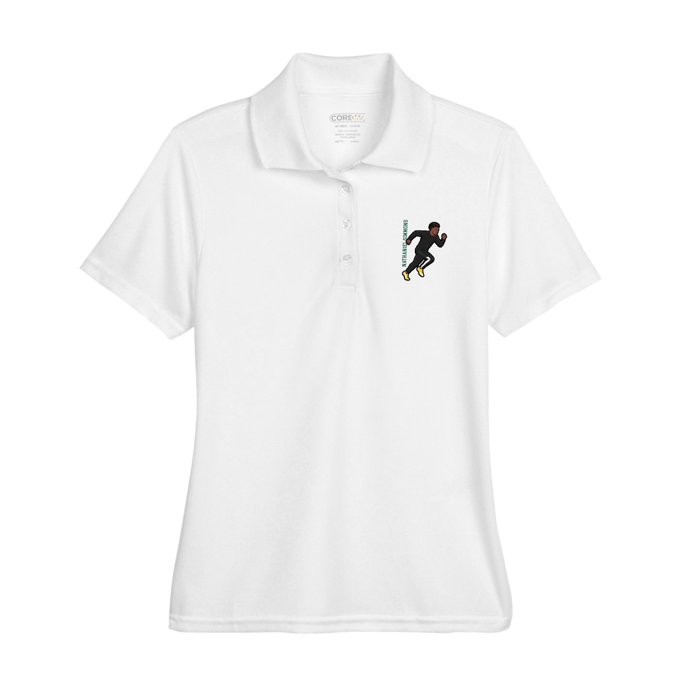 Womens Performance Polo — Name Vertical in White