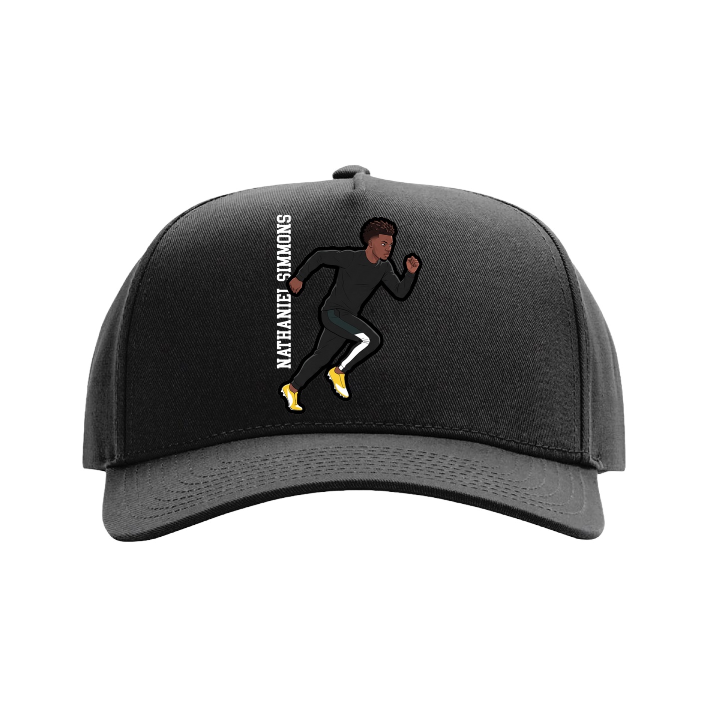 Full Fabric Five-Panel Champ Cap — Name Vertical in Black