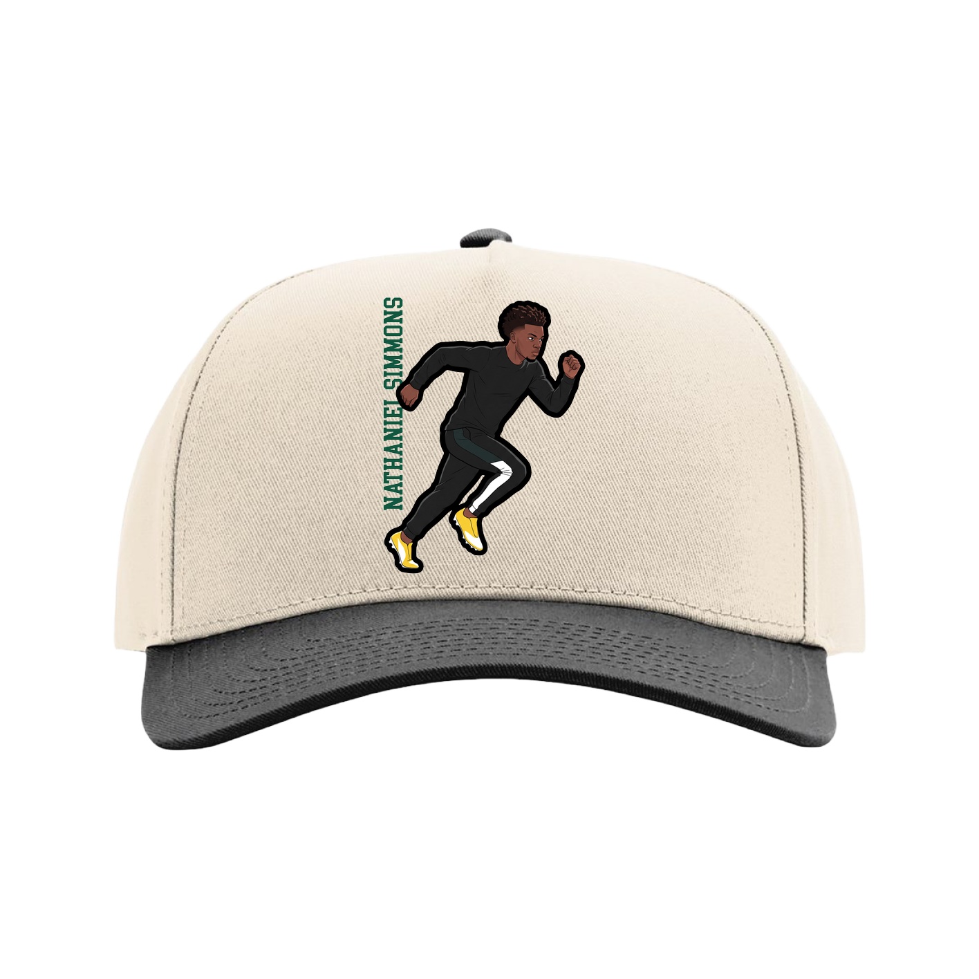 Full Fabric Five-Panel Champ Cap — Name Vertical in Cream/Black