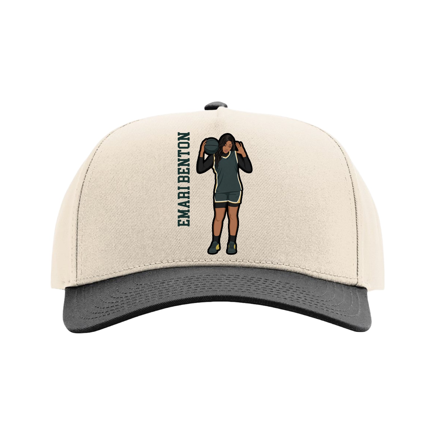 Full Fabric Five-Panel Champ Cap — Name Vertical in Cream/Black