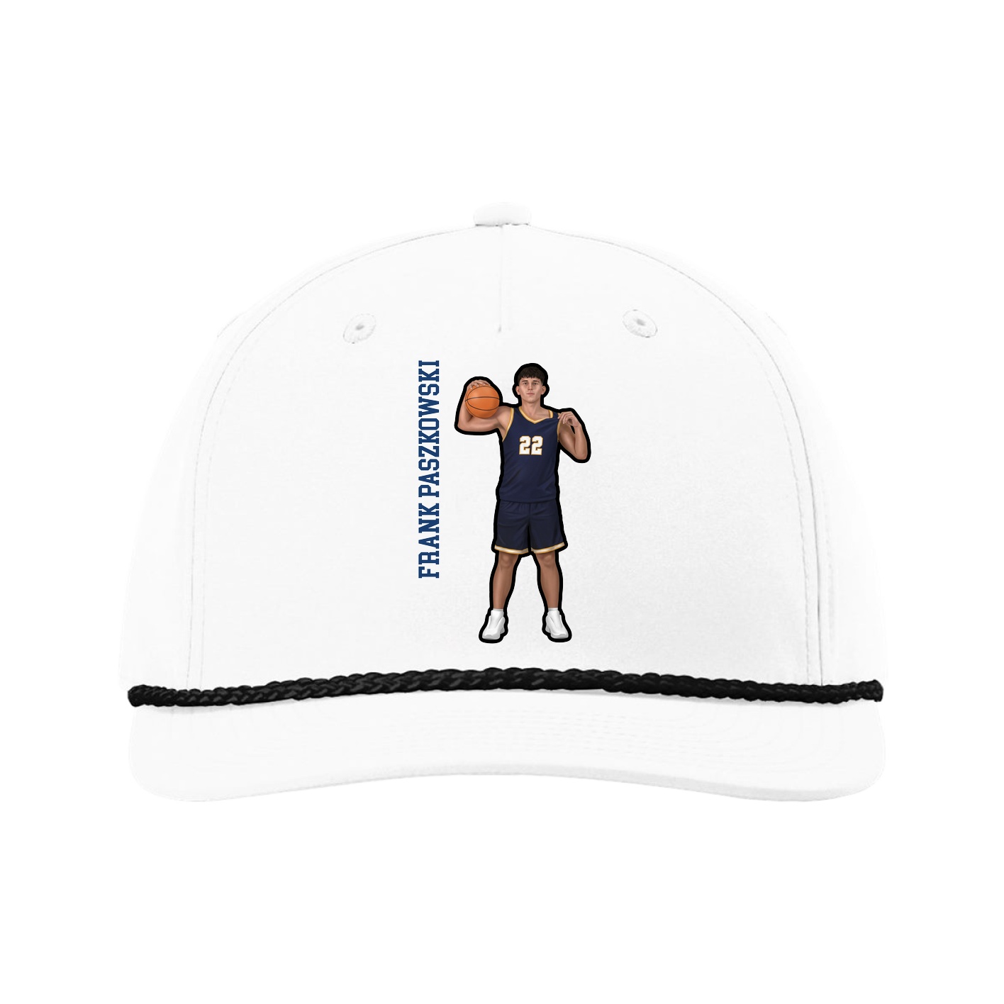 Five-Panel Classic Rope Cap — Name Vertical in White