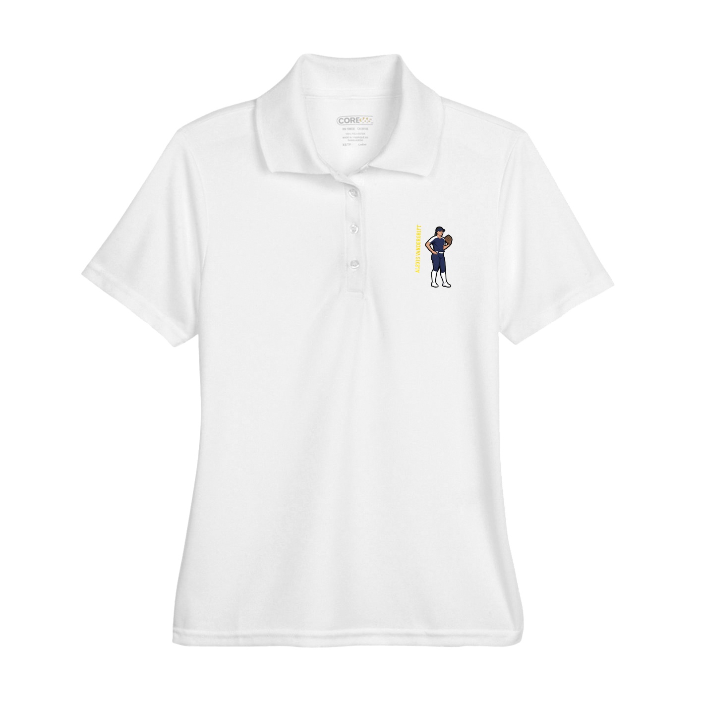 Womens Performance Polo — Name Vertical in White