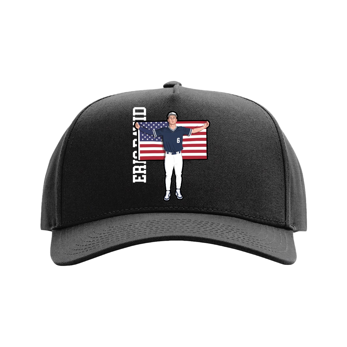 Full Fabric Five-Panel Champ Cap — Name Vertical in Black