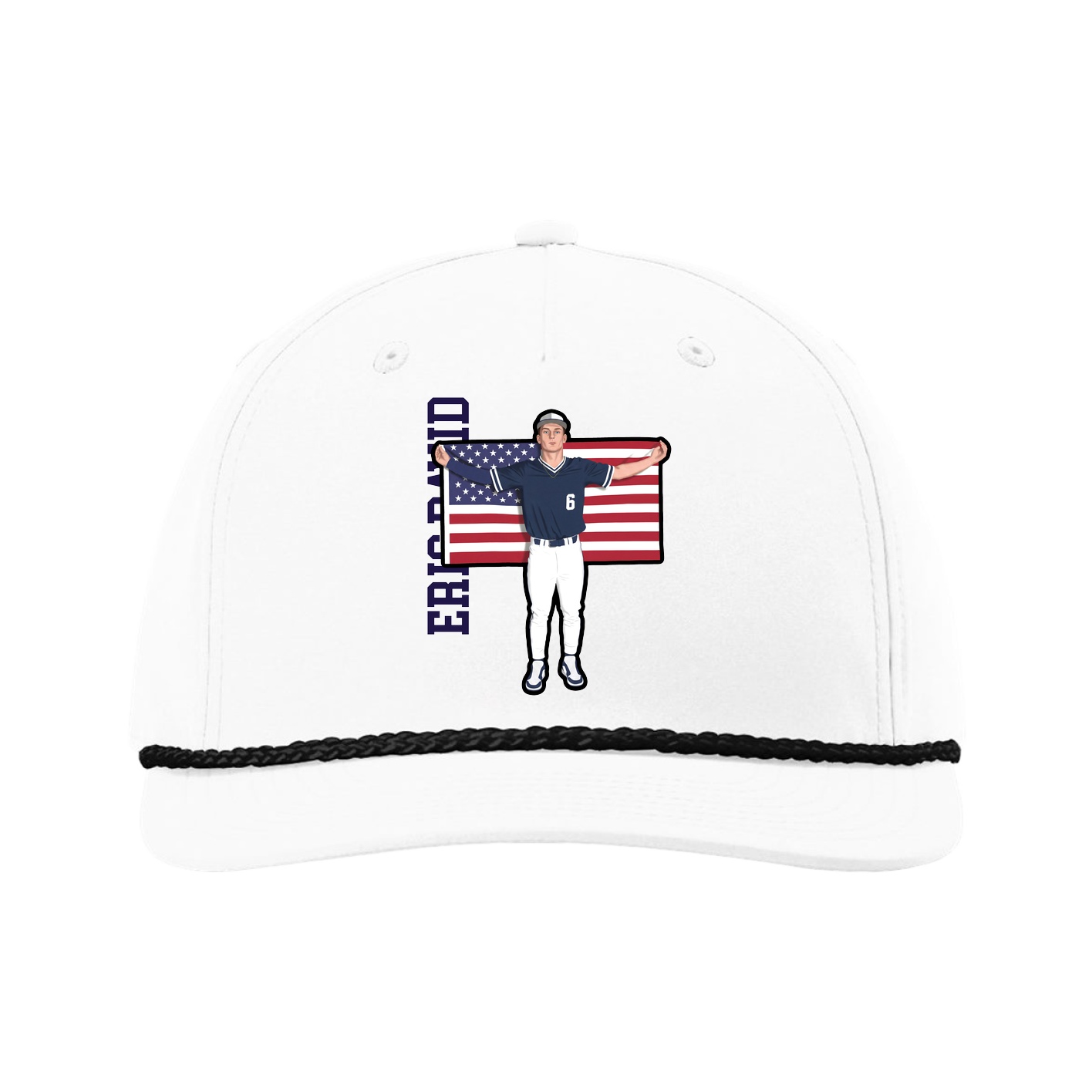 Five-Panel Classic Rope Cap — Name Vertical in White