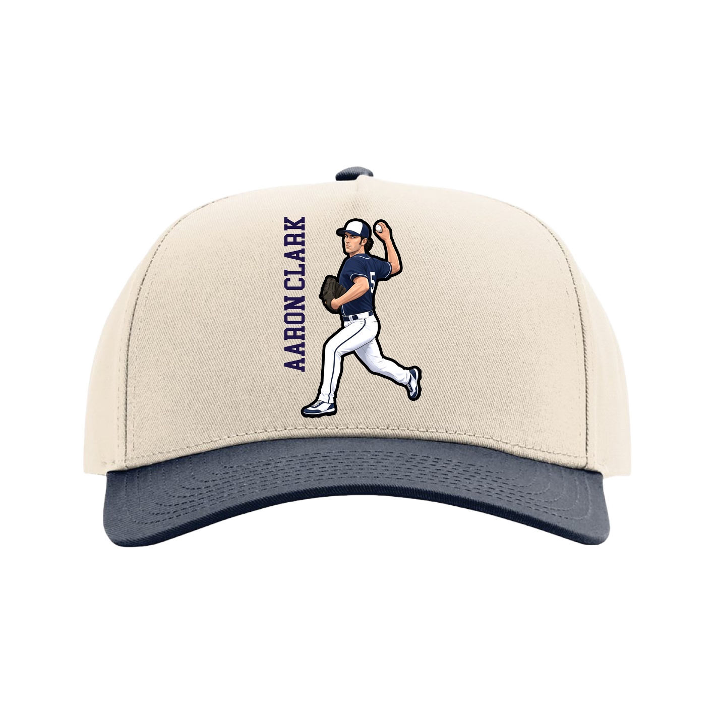 Full Fabric Five-Panel Champ Cap — Name Vertical in Cream/Navy