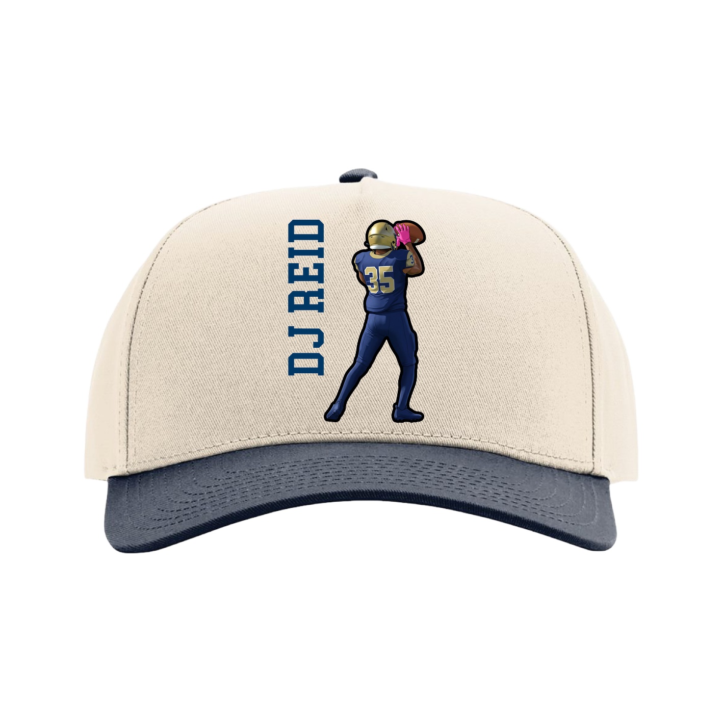 Full Fabric Five-Panel Champ Cap — Name Vertical in Cream/Navy