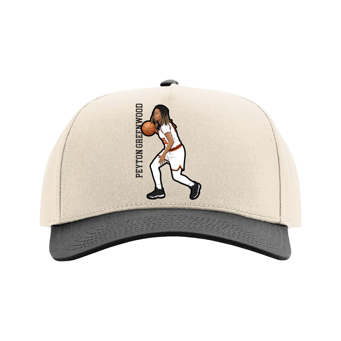 Full Fabric Five-Panel Champ Cap — Name Vertical in Cream/Black