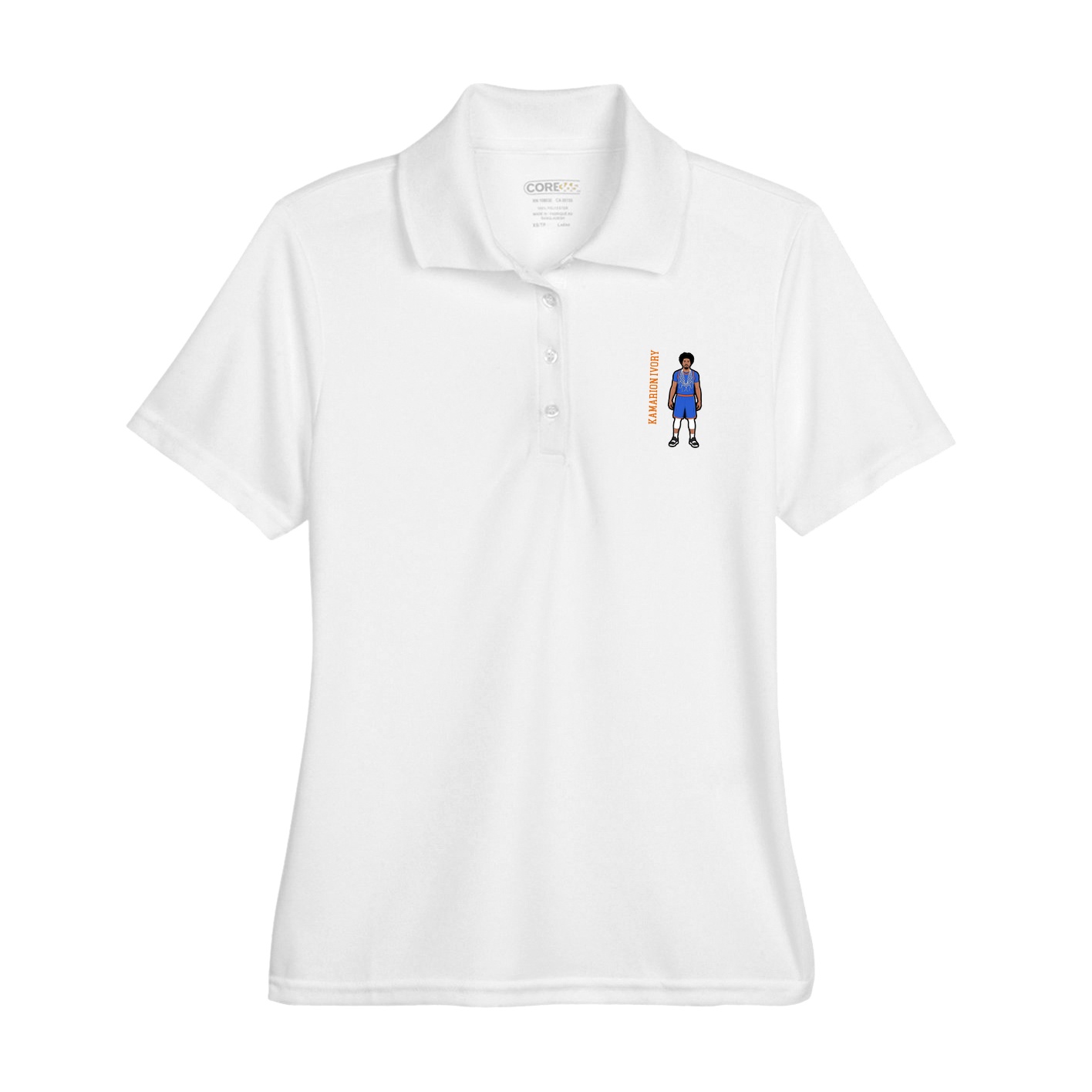 Womens Performance Polo — Name Vertical in White