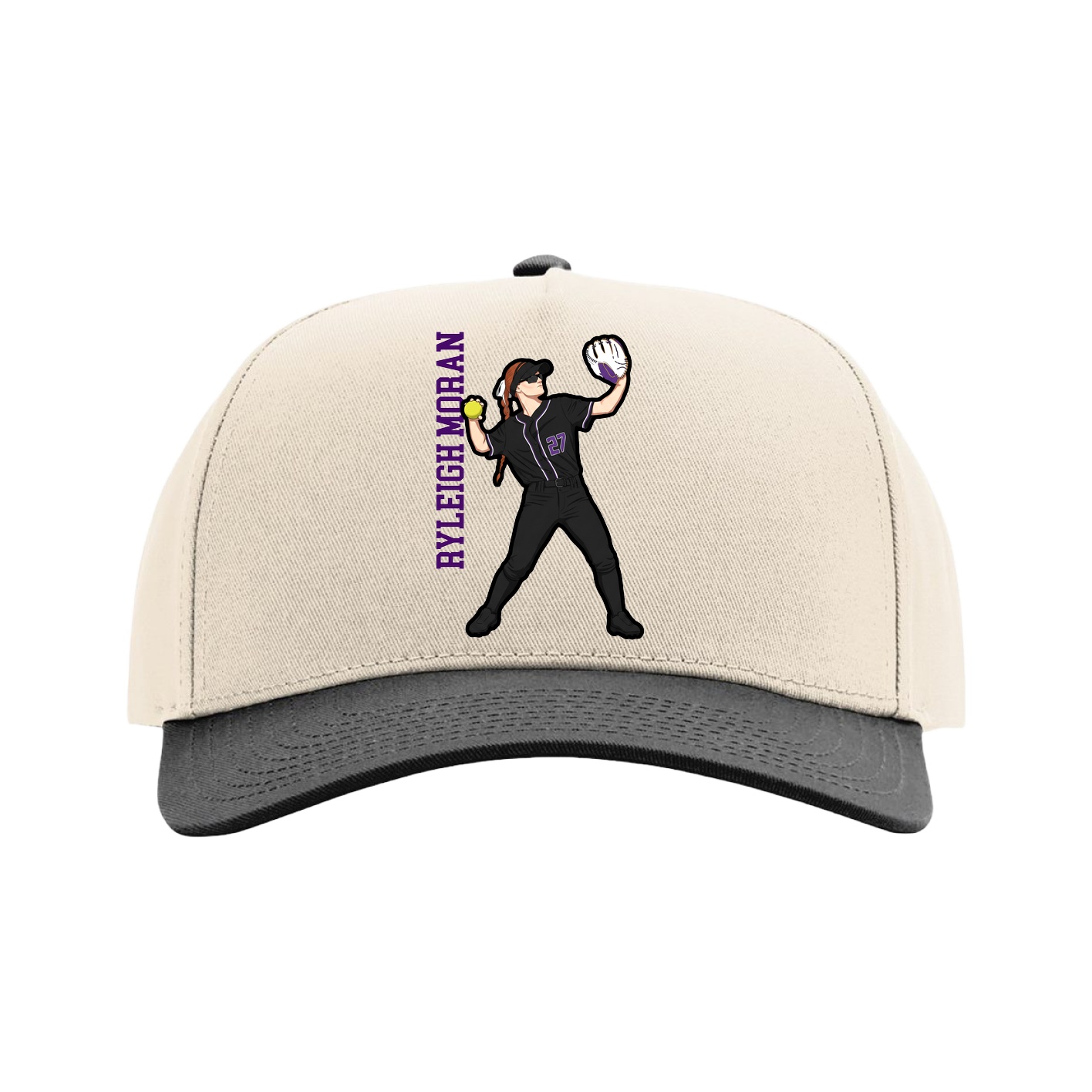 Full Fabric Five-Panel Champ Cap — Name Vertical in Cream/Black