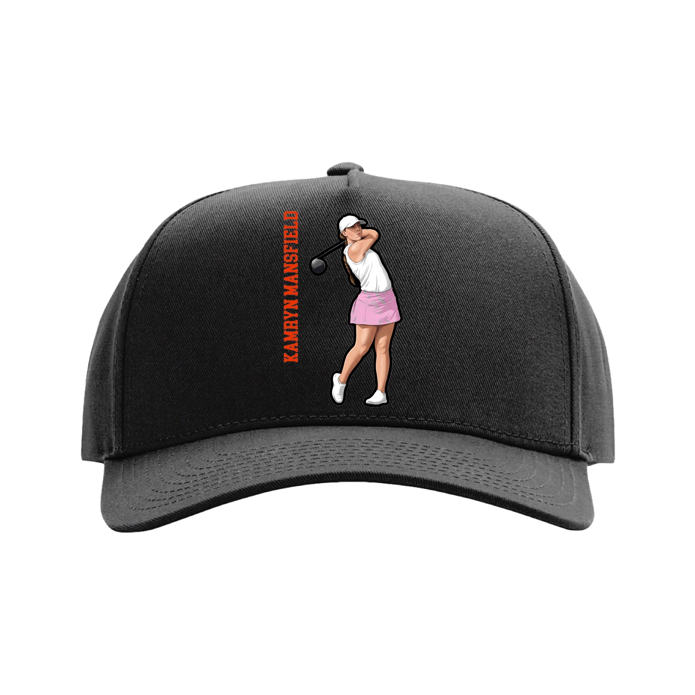 Full Fabric Five-Panel Champ Cap — Name Vertical in Black