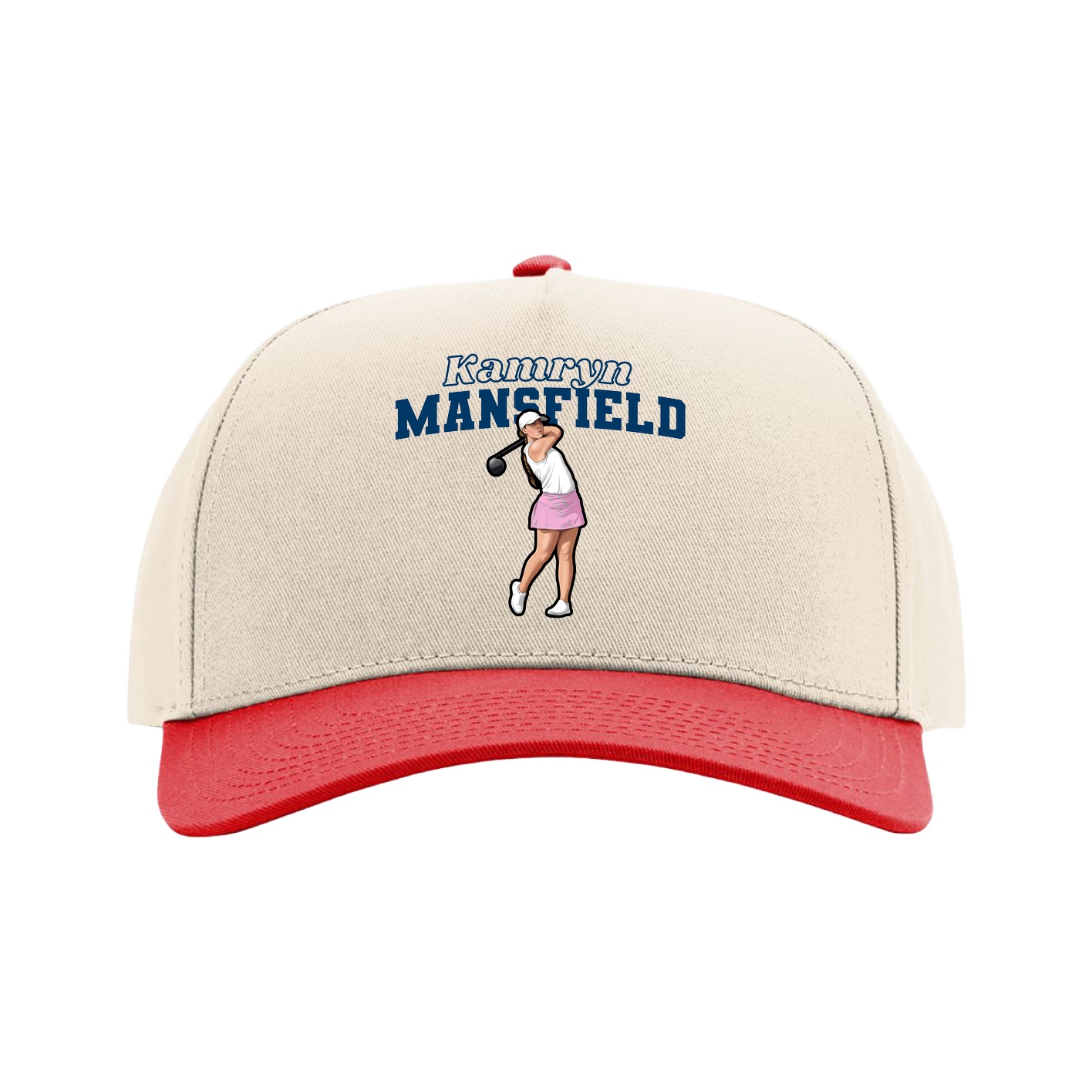 Full Fabric Five-Panel Champ Cap — Name Arch in Cream/Red