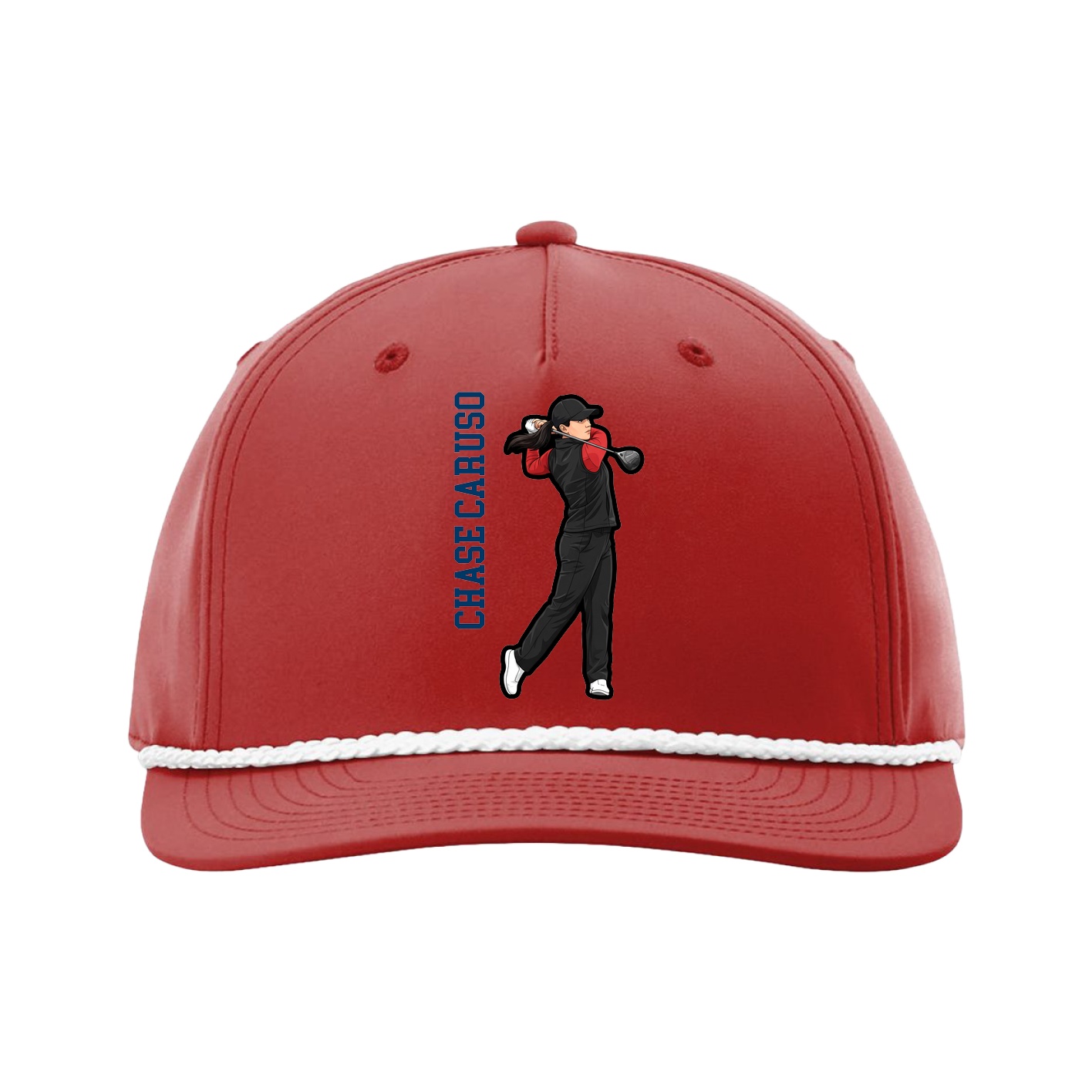 Five-Panel Classic Rope Cap — Name Vertical in Red