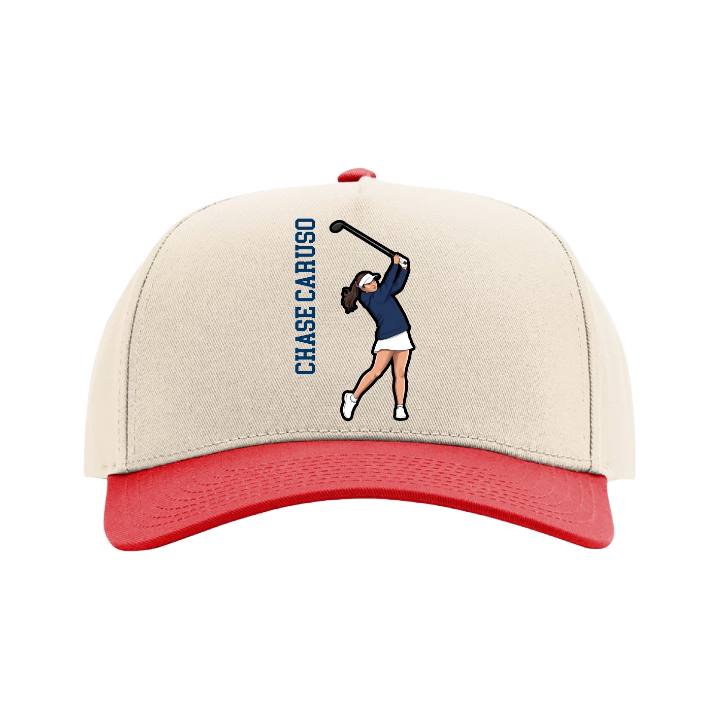 Full Fabric Five-Panel Champ Cap — Name Vertical in Cream/Red