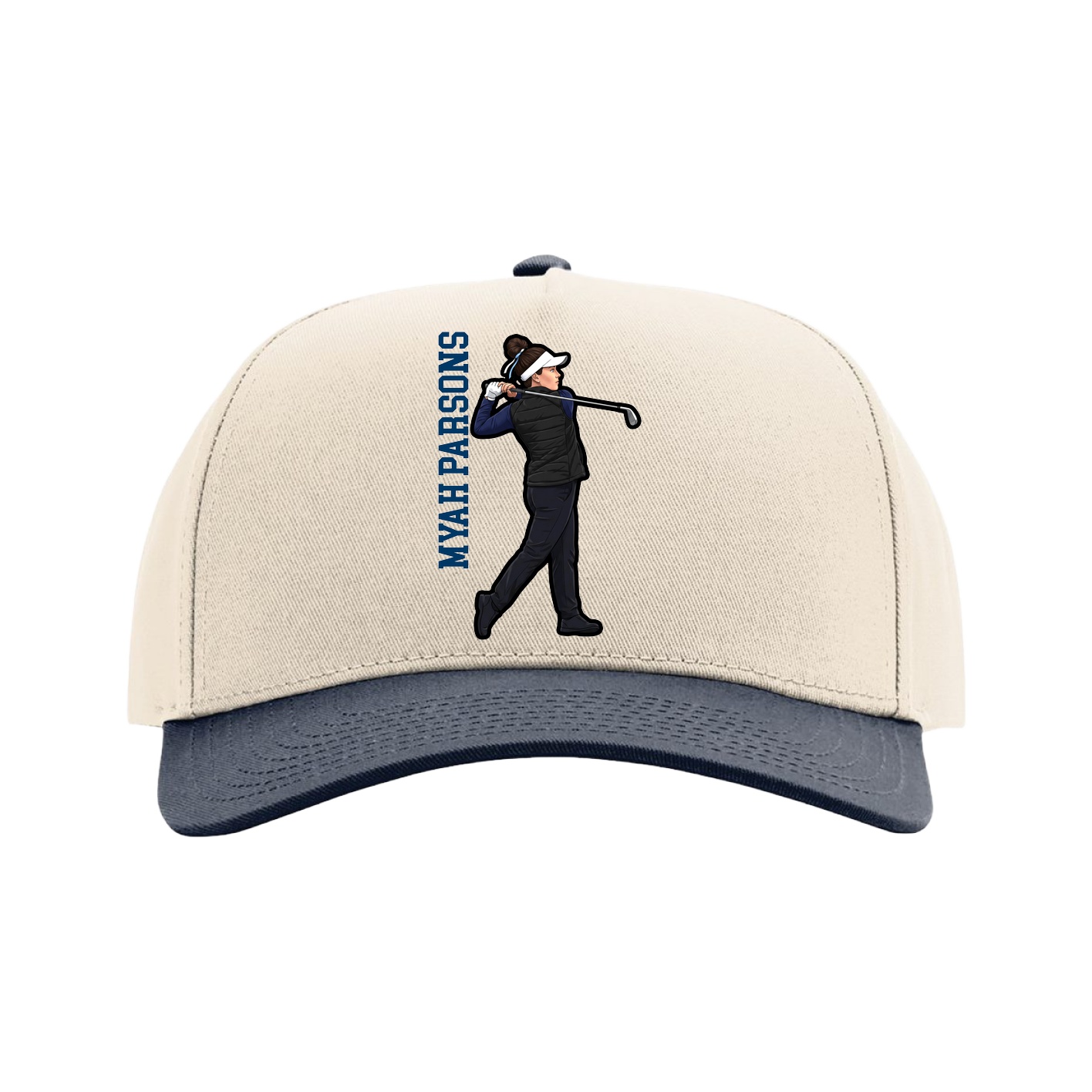 Full Fabric Five-Panel Champ Cap — Name Vertical in Cream/Navy
