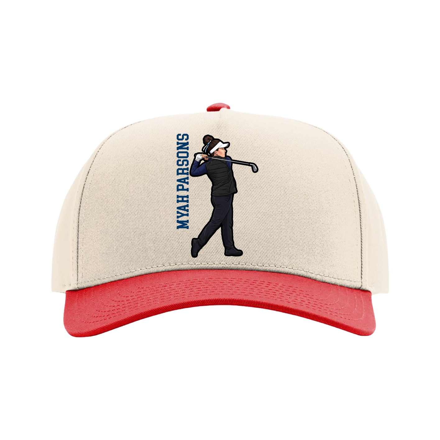 Full Fabric Five-Panel Champ Cap — Name Vertical in Cream/Red