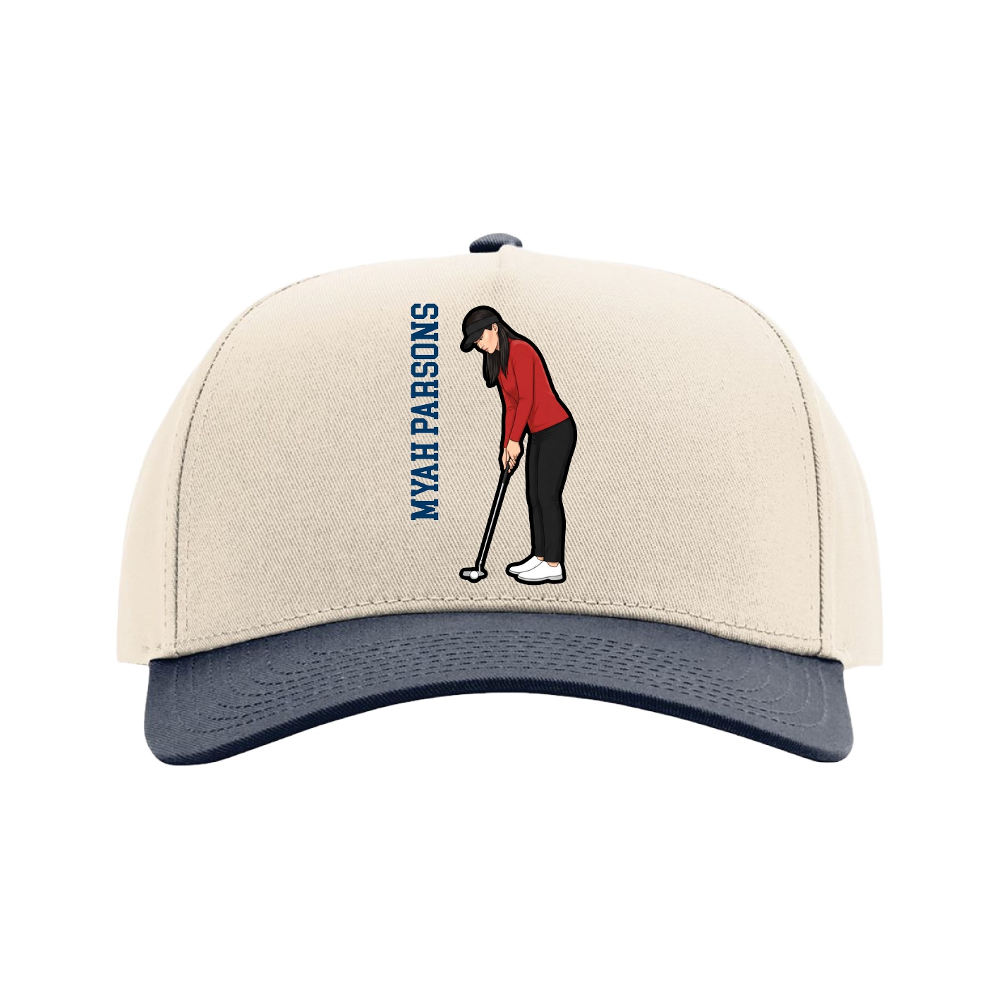 Full Fabric Five-Panel Champ Cap — Name Vertical in Cream/Navy