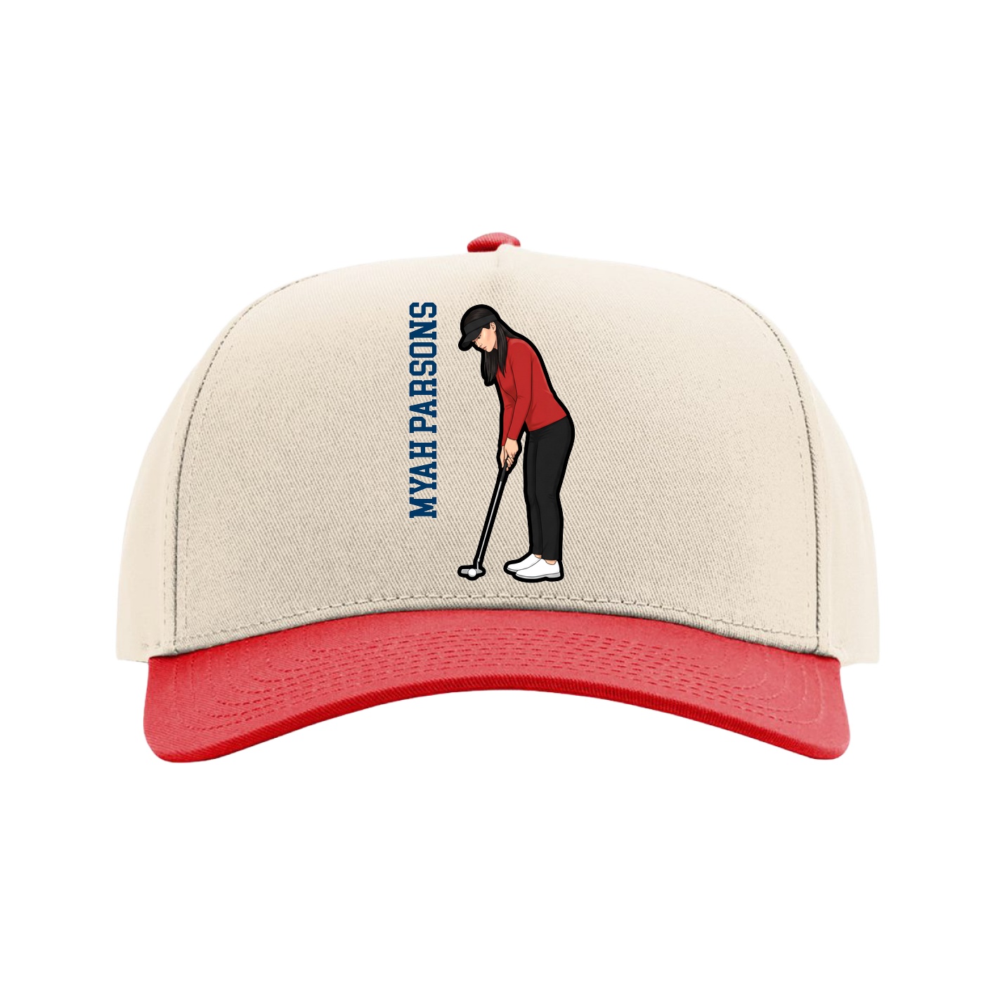 Full Fabric Five-Panel Champ Cap — Name Vertical in Cream/Red