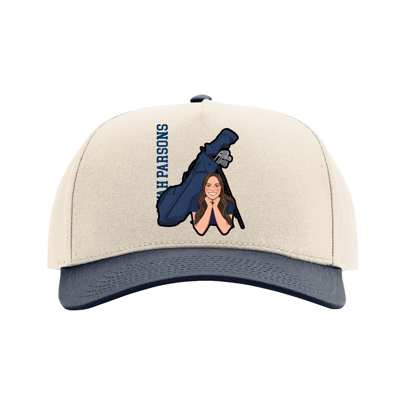 Full Fabric Five-Panel Champ Cap — Name Vertical in Cream/Navy