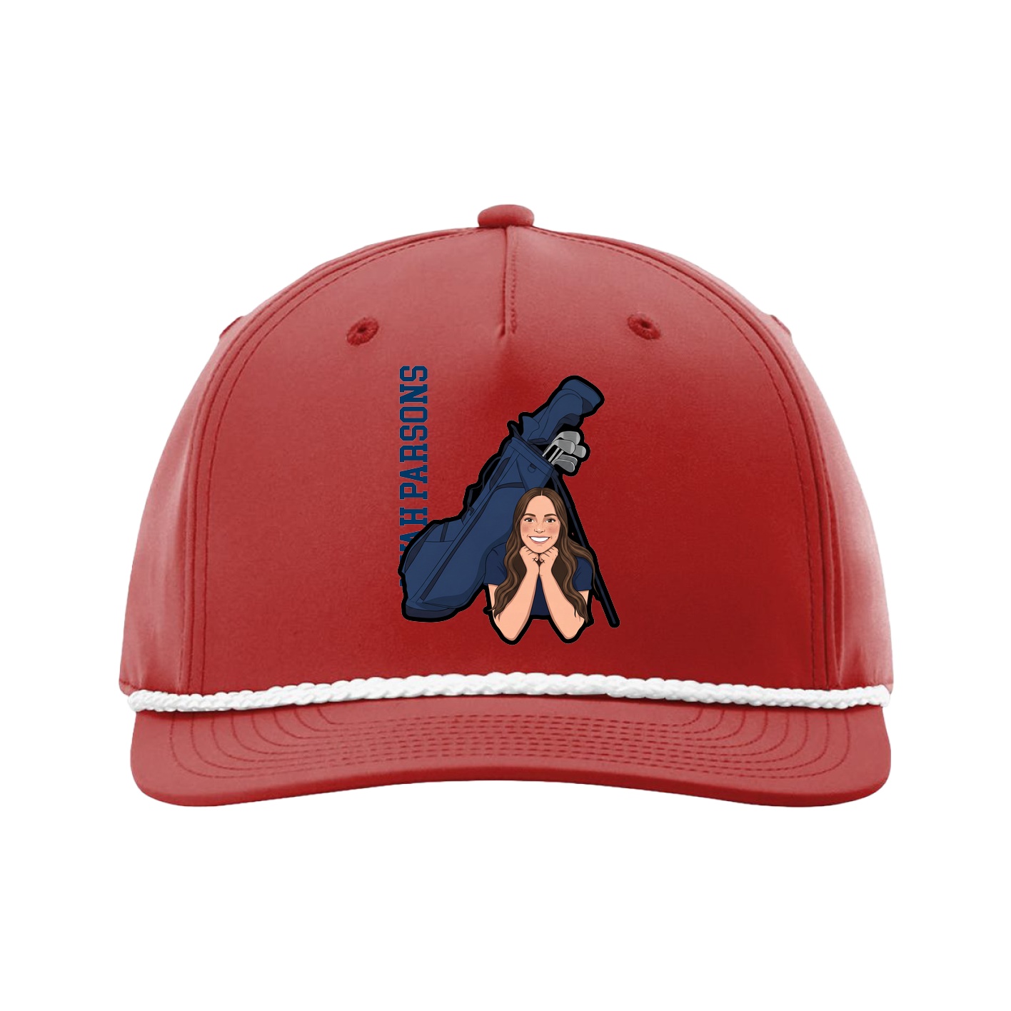 Five-Panel Classic Rope Cap — Name Vertical in Red